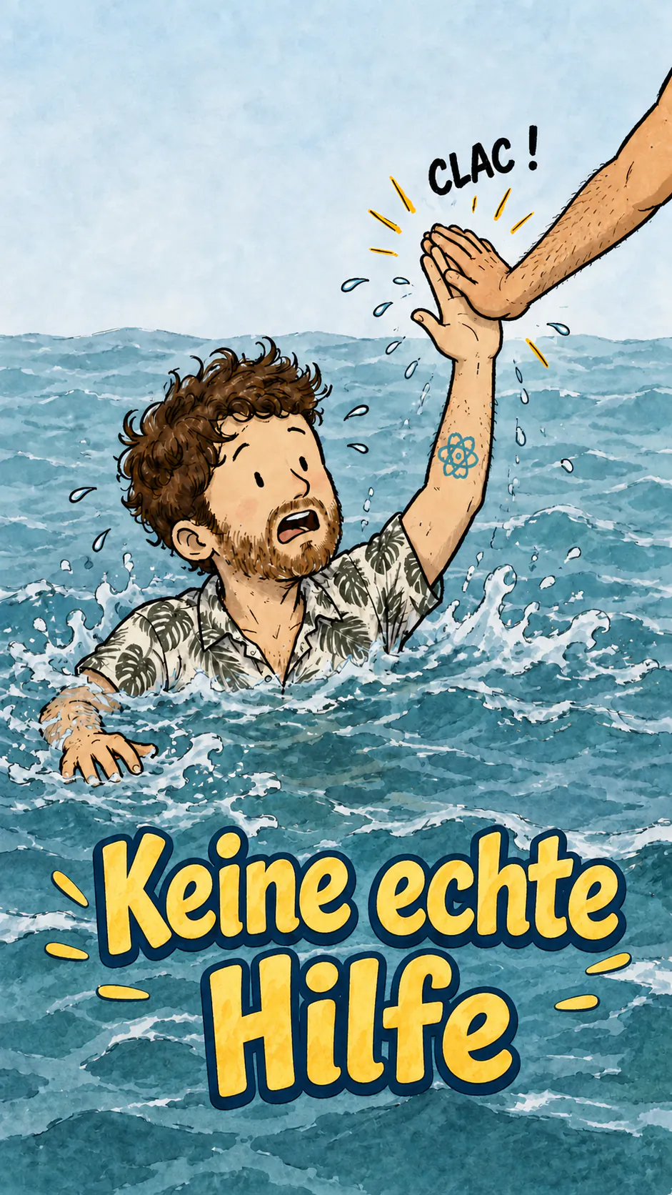 David ertrinkt und hebt hilfesuchend die Hand, doch eine Hand außerhalb des Bildes klatscht seine Hand ab, statt ihn zu retten.