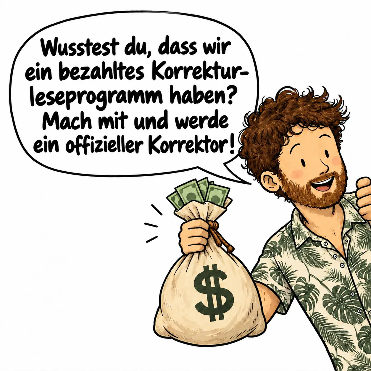 David hält strahlend einen Geldsack: „Wusstest du, dass wir ein bezahltes Korrekturleseprogramm haben? Mach mit und werde ein offizieller Korrektor!“
