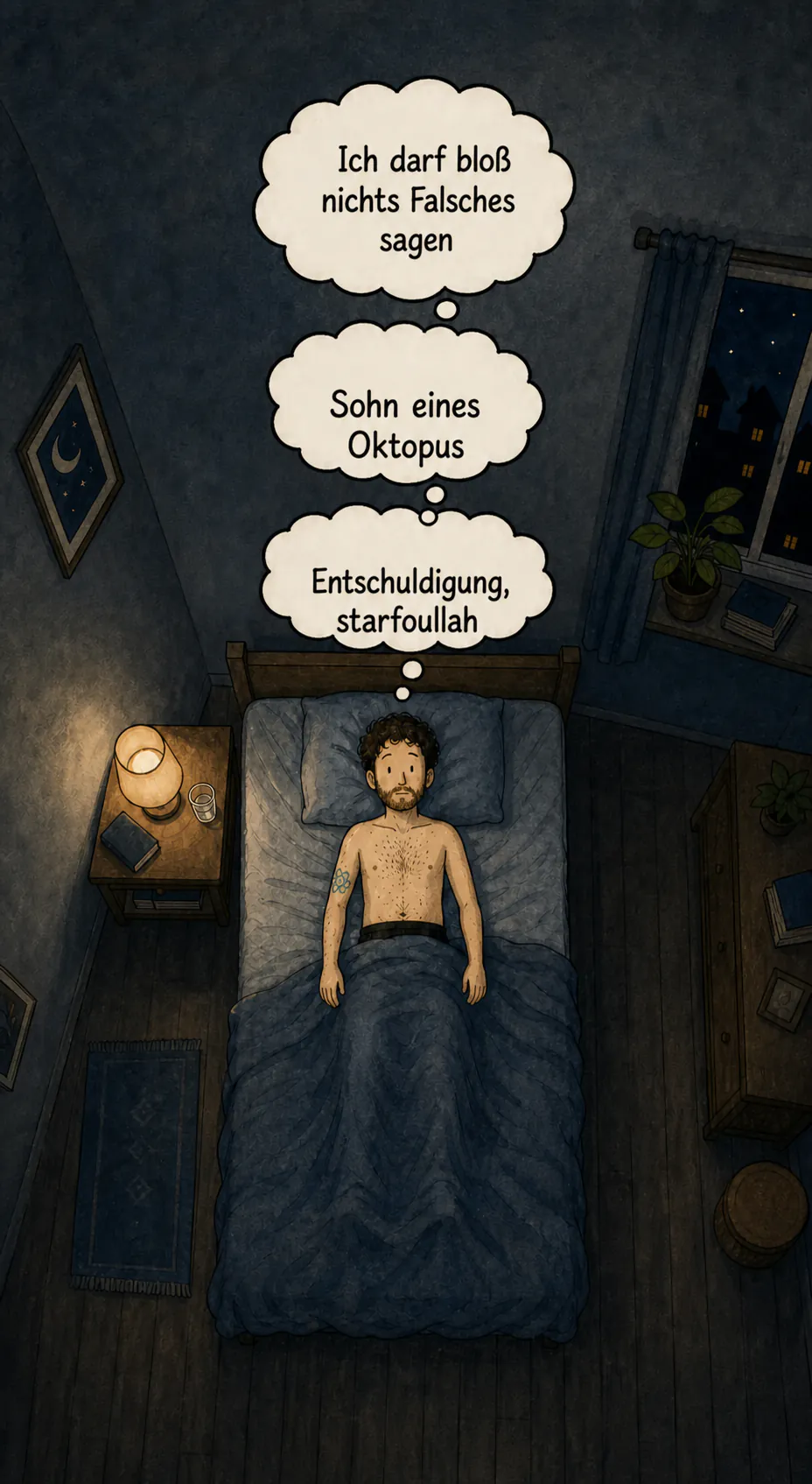 Blick von oben in dasselbe Schlafzimmer bei Nacht: die Figur liegt auf dem Rücken, die Augen offen. Drei Gedankenblasen stapeln sich über ihr: « Ich darf bloß nichts Falsches sagen », « Sohn eines Oktopus » und « Entschuldigung, starfoullah »