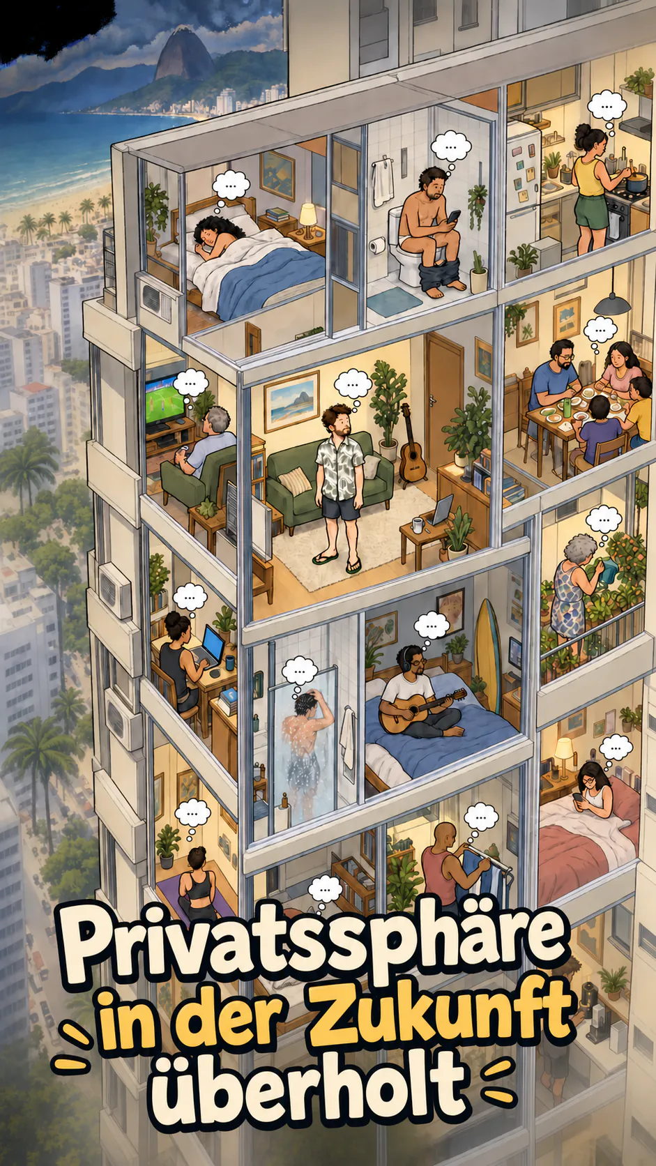 Ein aufgeschnittenes Wohnhochhaus in Copacabana mit transparenten Wänden, David allein in der Mitte und sichtbaren Nachbarn in ihren Wohnungen