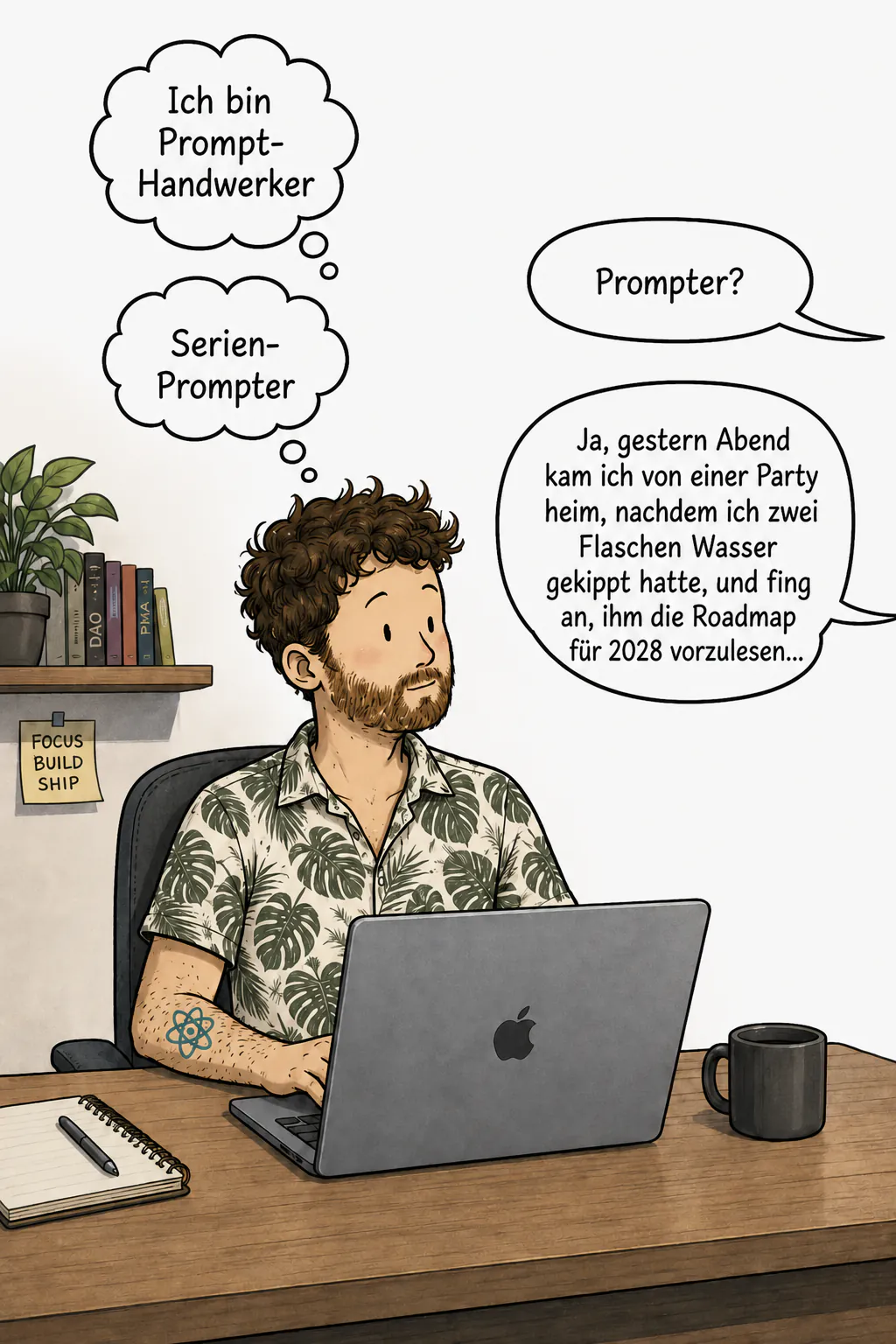 An seinem Schreibtisch vor einem Laptop denkt die Figur « Ich bin Prompt-Handwerker », dann « Serien-Prompter », während eine Stimme aus dem Off fragt « Prompter? » und sie antwortet, sie habe dem Rechner auf dem Heimweg von einer Party die Roadmap für 2028 vorgelesen
