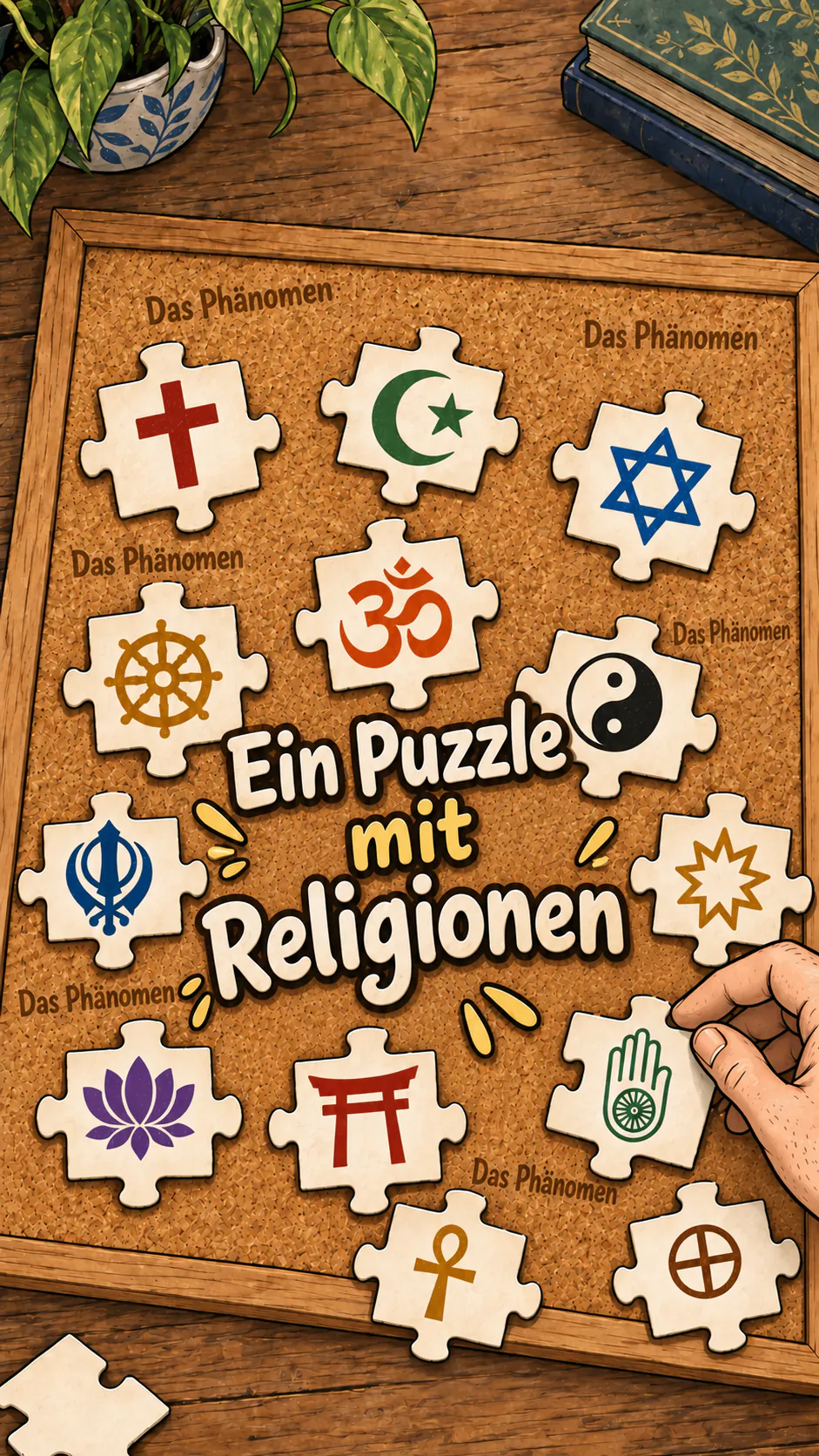 Ein Puzzle auf einer Korktafel mit religiösen Symbolen