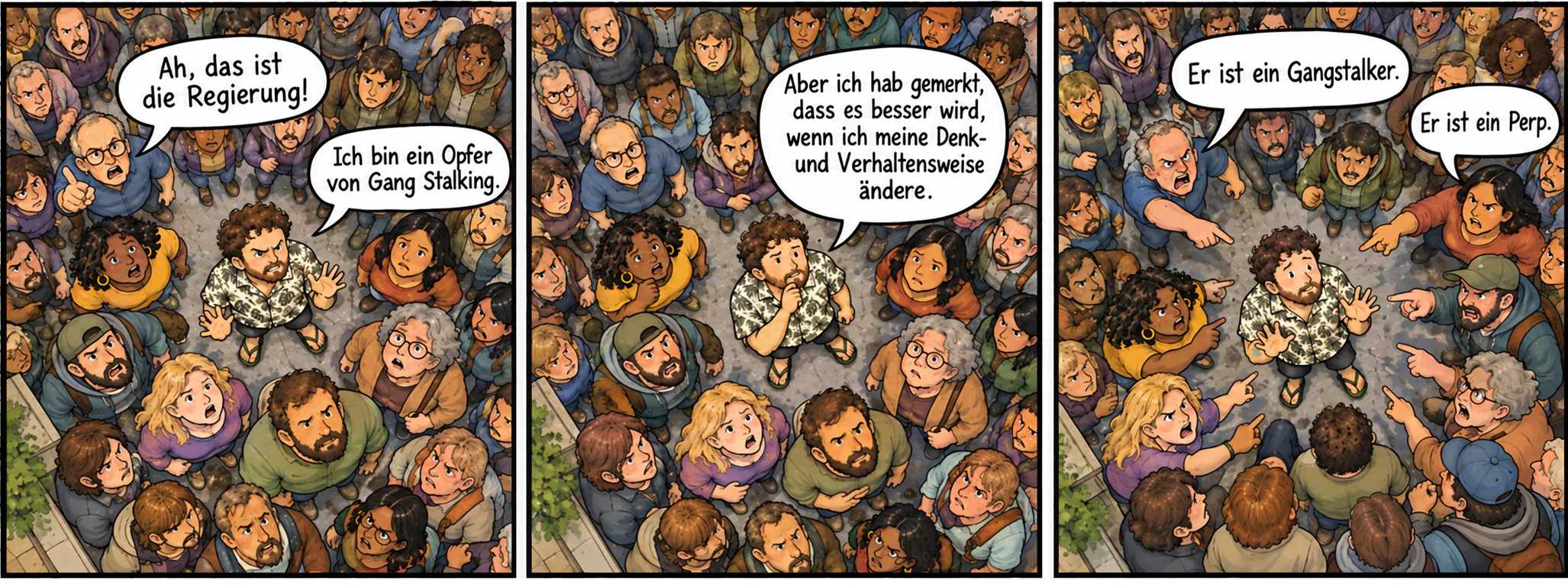 Ein Comic in drei Bildern zeigt einen Mann in einer Menschenmenge: Zuerst sagt er, er sei Opfer von Gang Stalking, dann erklärt er, dass es besser läuft, wenn er seine Denk- und Verhaltensweise ändert. Im letzten Bild bezeichnen ihn zwei Personen als Gangstalker und Perp.