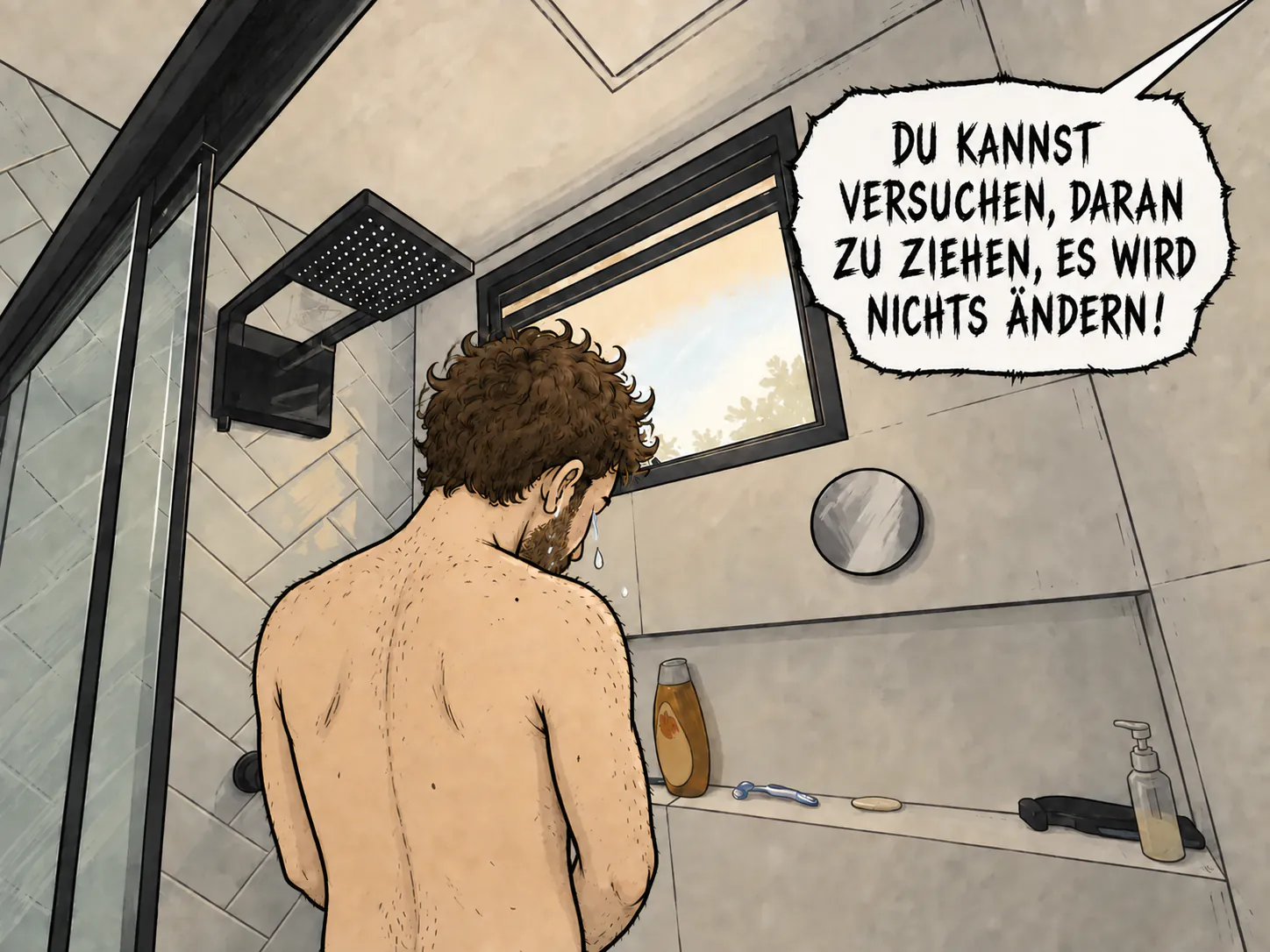 David weint mit dem Rücken zum Betrachter in einem Badezimmer; eine beunruhigende Sprechblase kommt oben rechts von außerhalb des Bildrahmens.