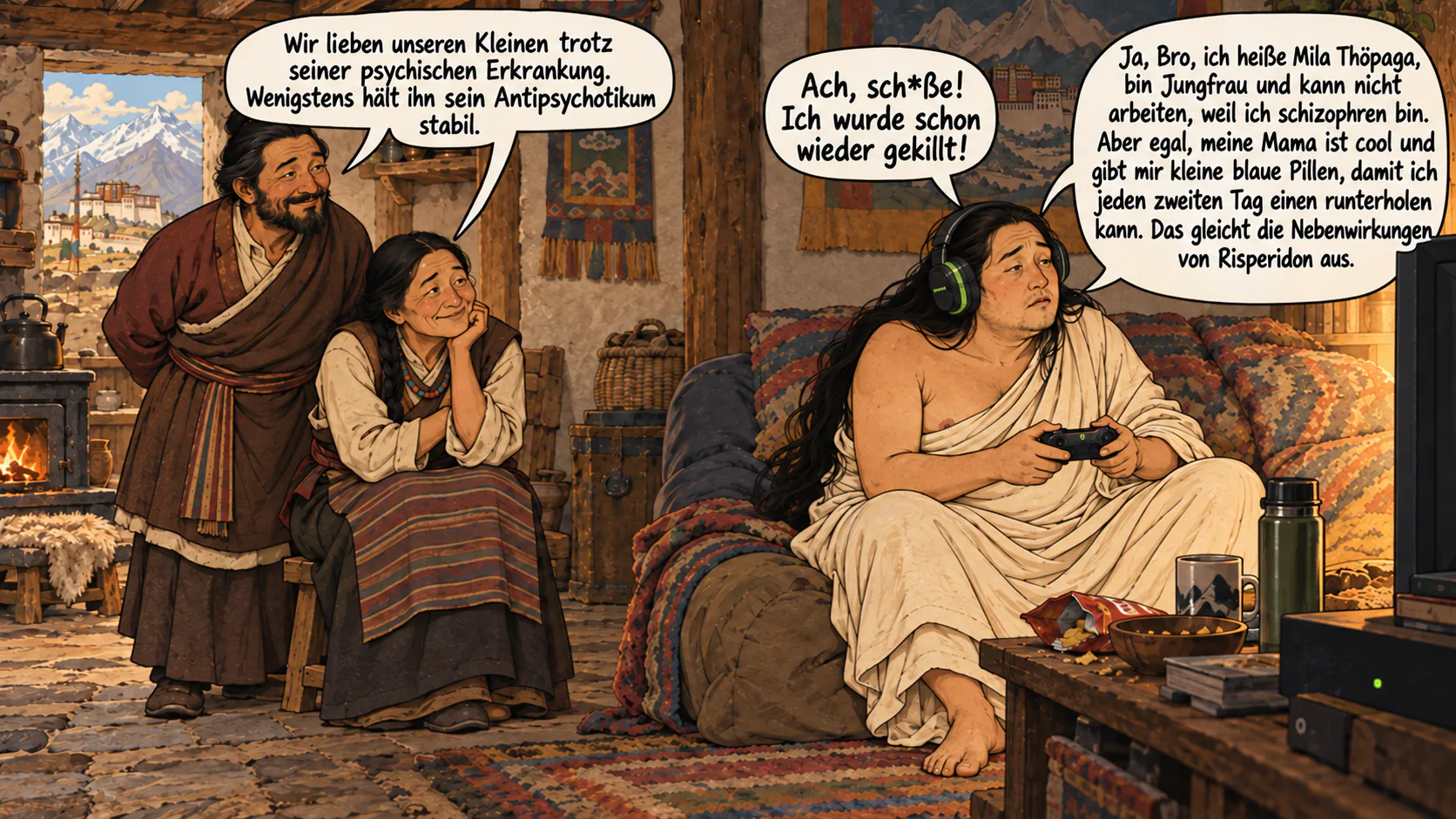 Der kräftigere und blasse Yogi Milarepa spielt mit einem Gaming-Headset vor einem Fernseher ein Videospiel, während seine lächelnden Eltern ihn beobachten.