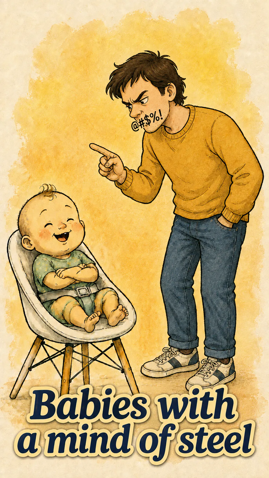 A baby laughs, completely unfazed, while an annoyed man speaks to him and points a finger; the title « Babies with a mind of steel » appears at the bottom.
