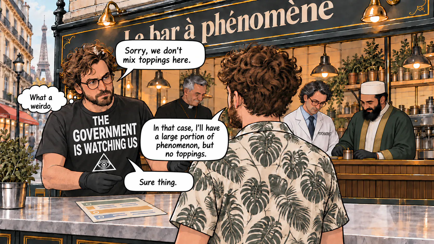A new dialogue scene at the phenomenon bar, with three speech bubbles and one thought bubble