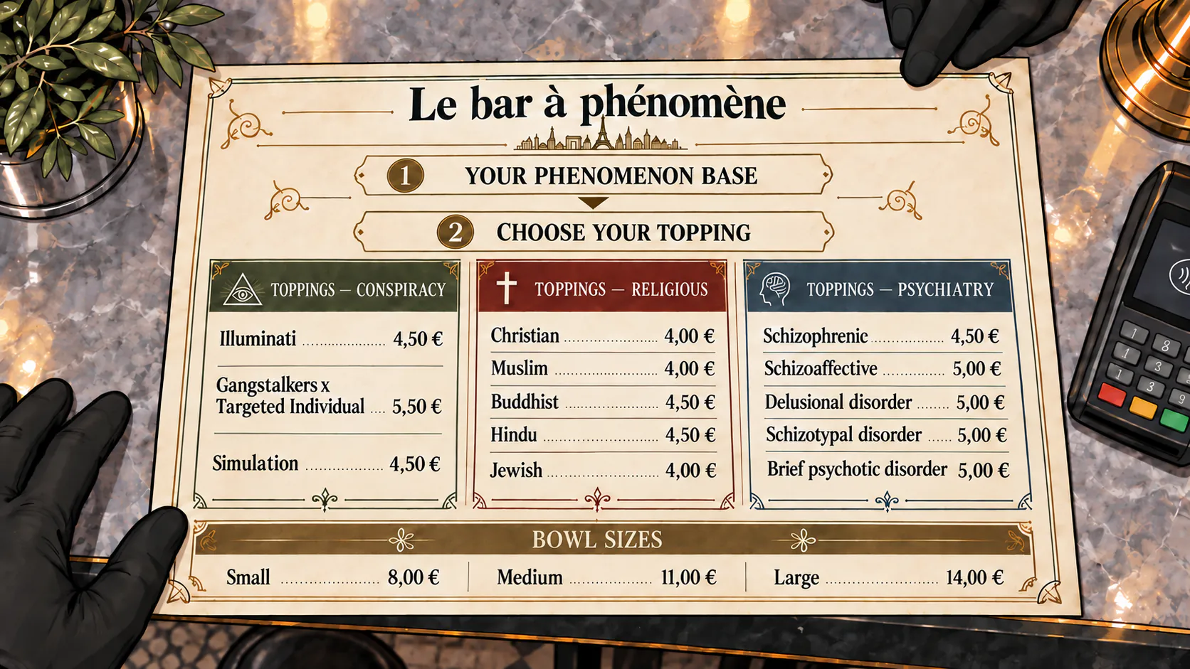 A top-down view of the phenomenon bar menu, with topping categories and their prices