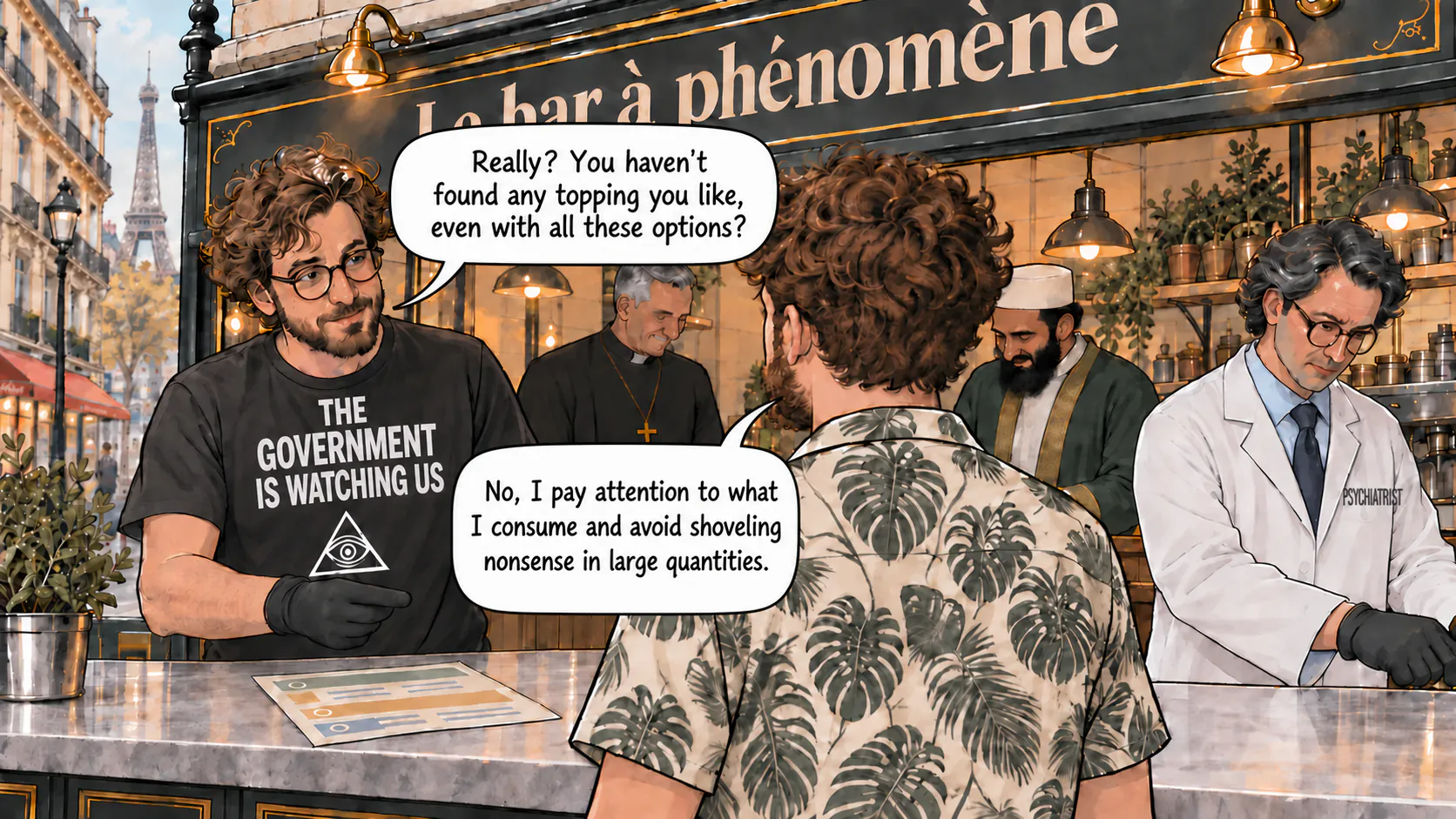 The phenomenon bar employees reacting with surprise to the main character