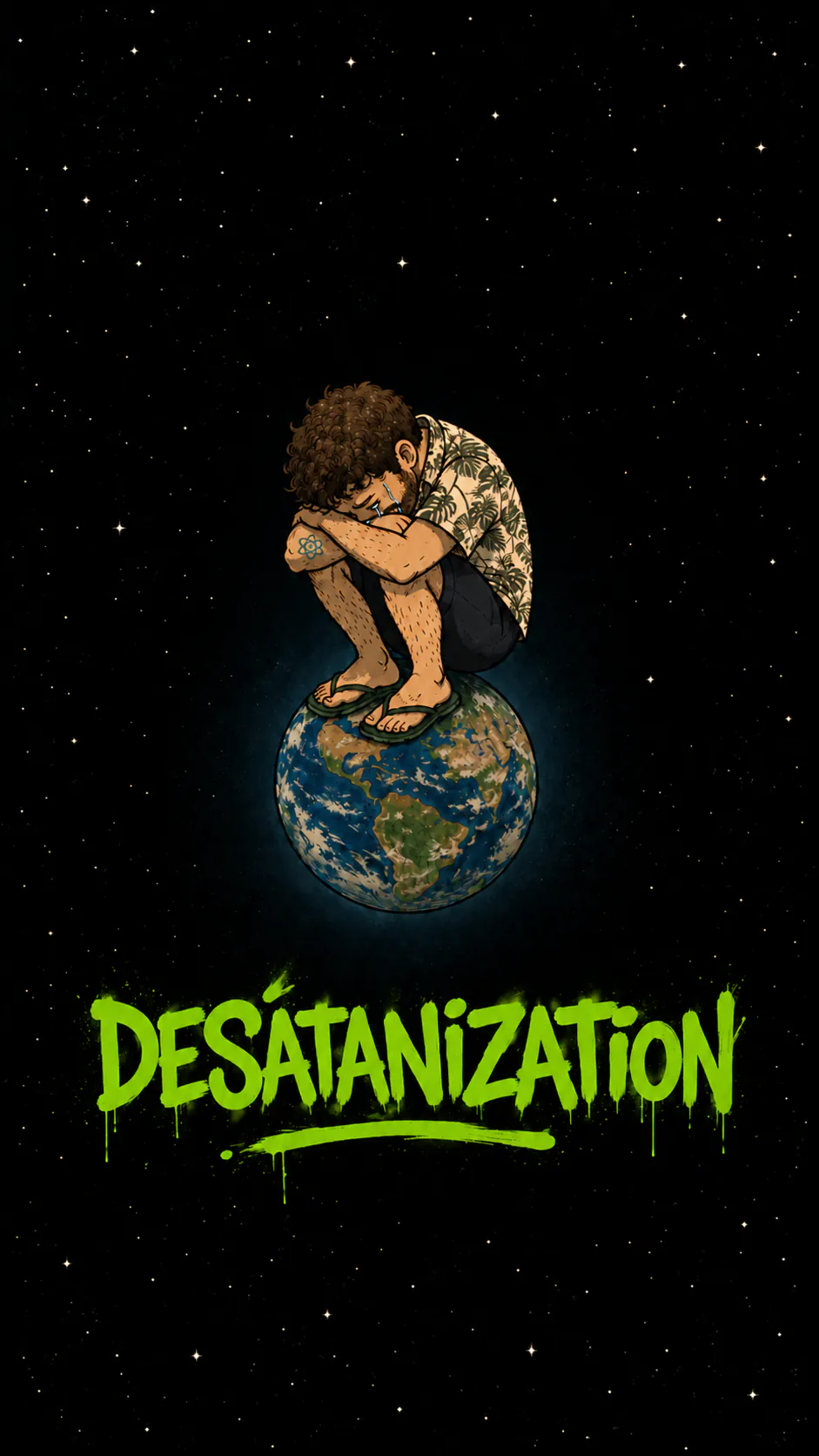 Curled up and in tears, David sits on top of the Earth, in starry space, above the green title « Desatanization ».