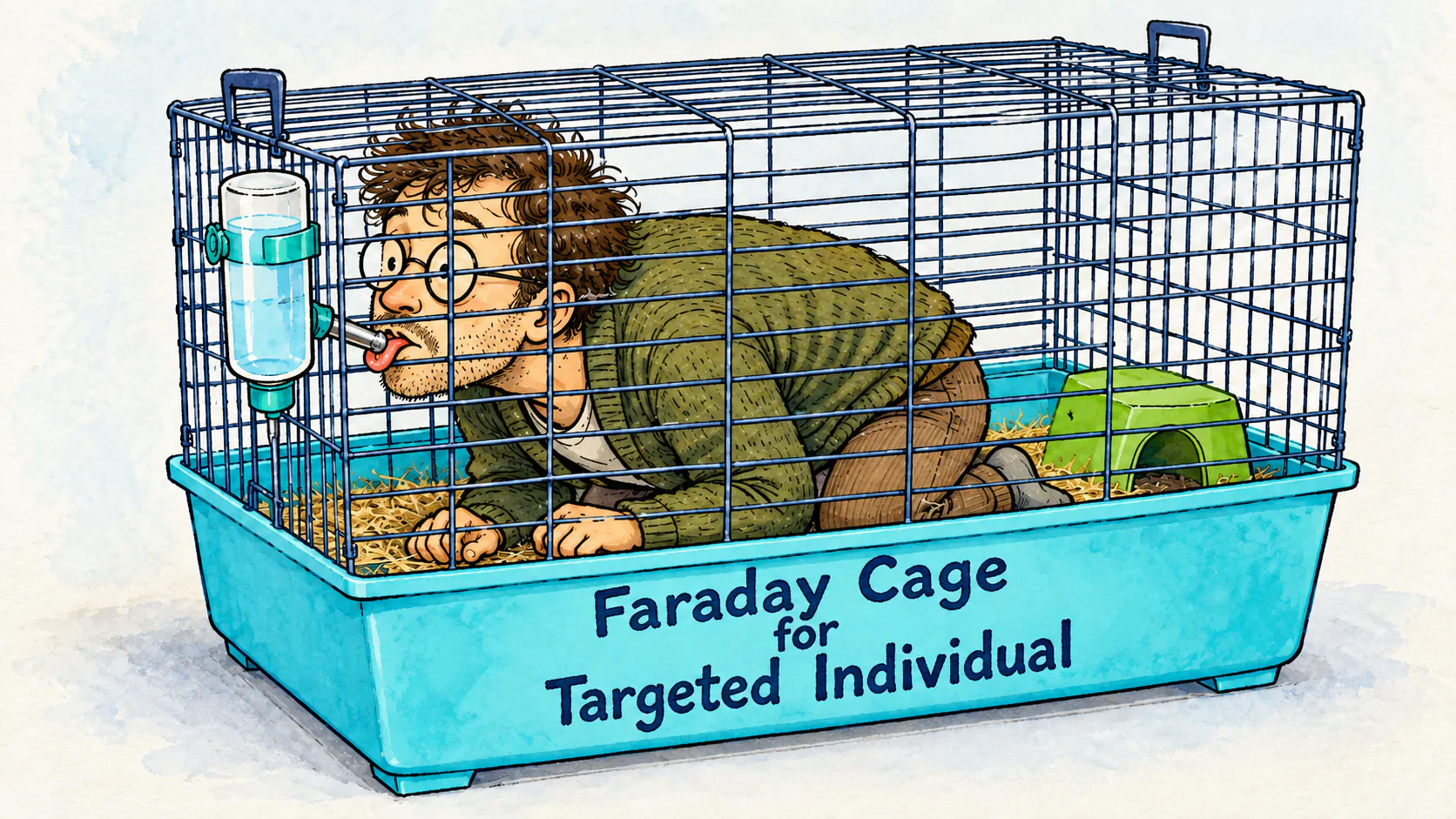 A nerdy-looking conspiracy theorist is trapped in an animal cage with a baby bottle and licks the metal ball to drink. The base reads “Faraday Cage for Targeted Individual.”