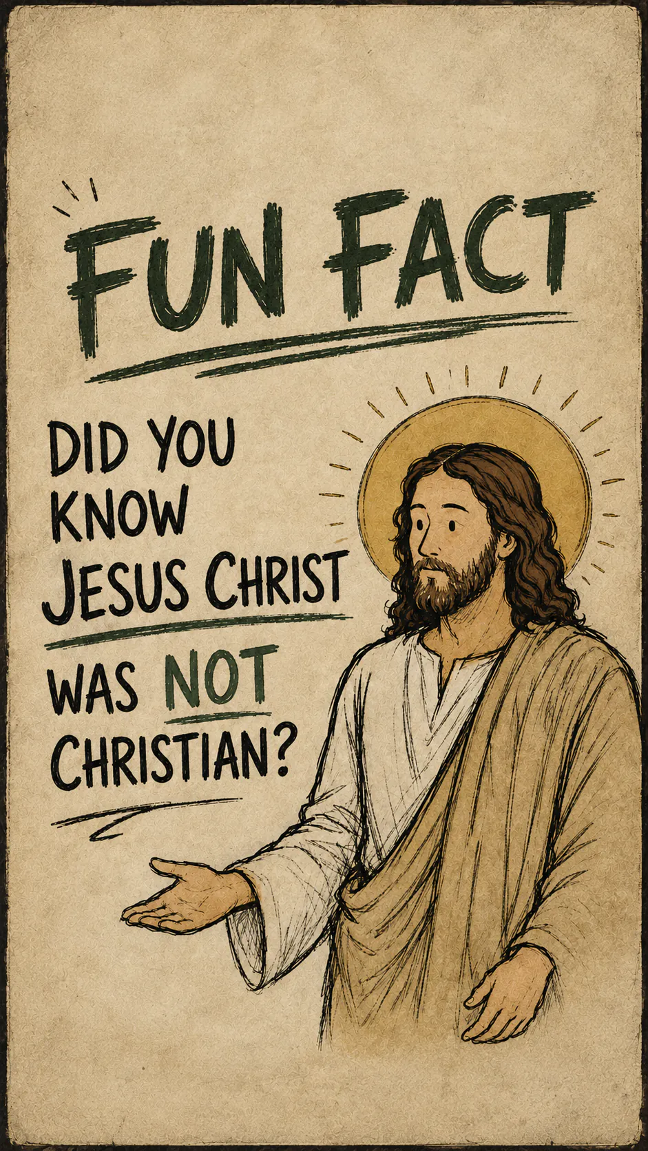 Poster on beige paper. At the top, in green: « FUN FACT ». On the left, in black capitals: « DID YOU KNOW JESUS CHRIST WAS NOT CHRISTIAN? », with « NOT » in green. On the right, a haloed Jesus, palm open and turned upwards