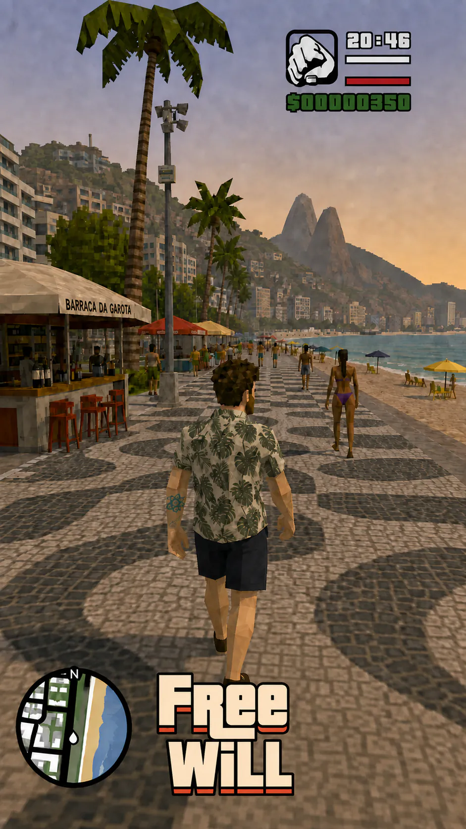 A vertical low-poly video game screenshot: David walks away from the camera along the Ipanema promenade, between the beach and the kiosks. A HUD appears at the top right, a minimap at the bottom left and the two-line title « Free Will ».