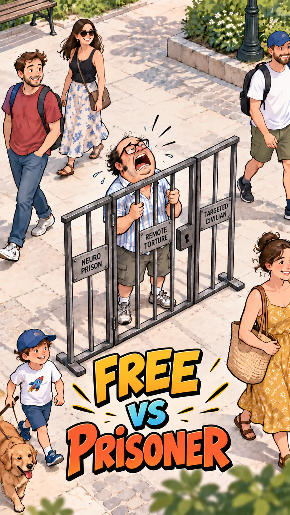 A man behind bars, surrounded by the words « Neuro prison », « Remote torture » and « Targeted civilian », with the title « Free vs prisoner » at the bottom.