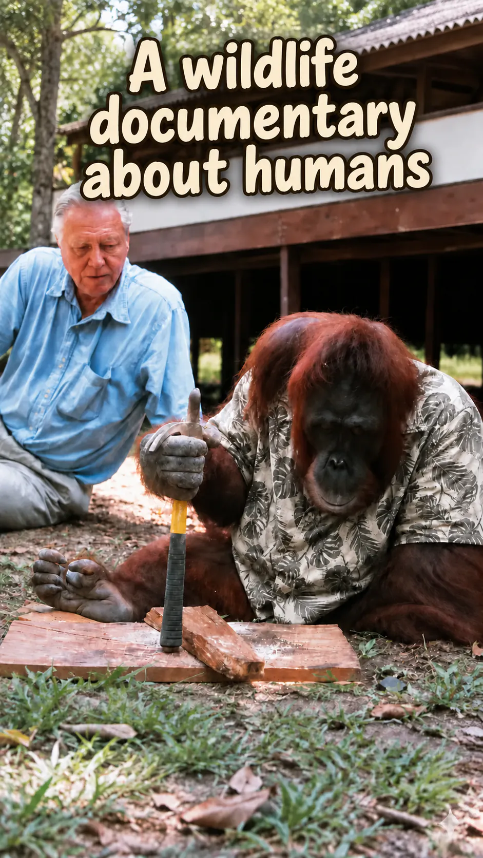 An older man and an orangutan in a patterned shirt work together on a board with a hammer, under the title « A wildlife documentary about humans ».