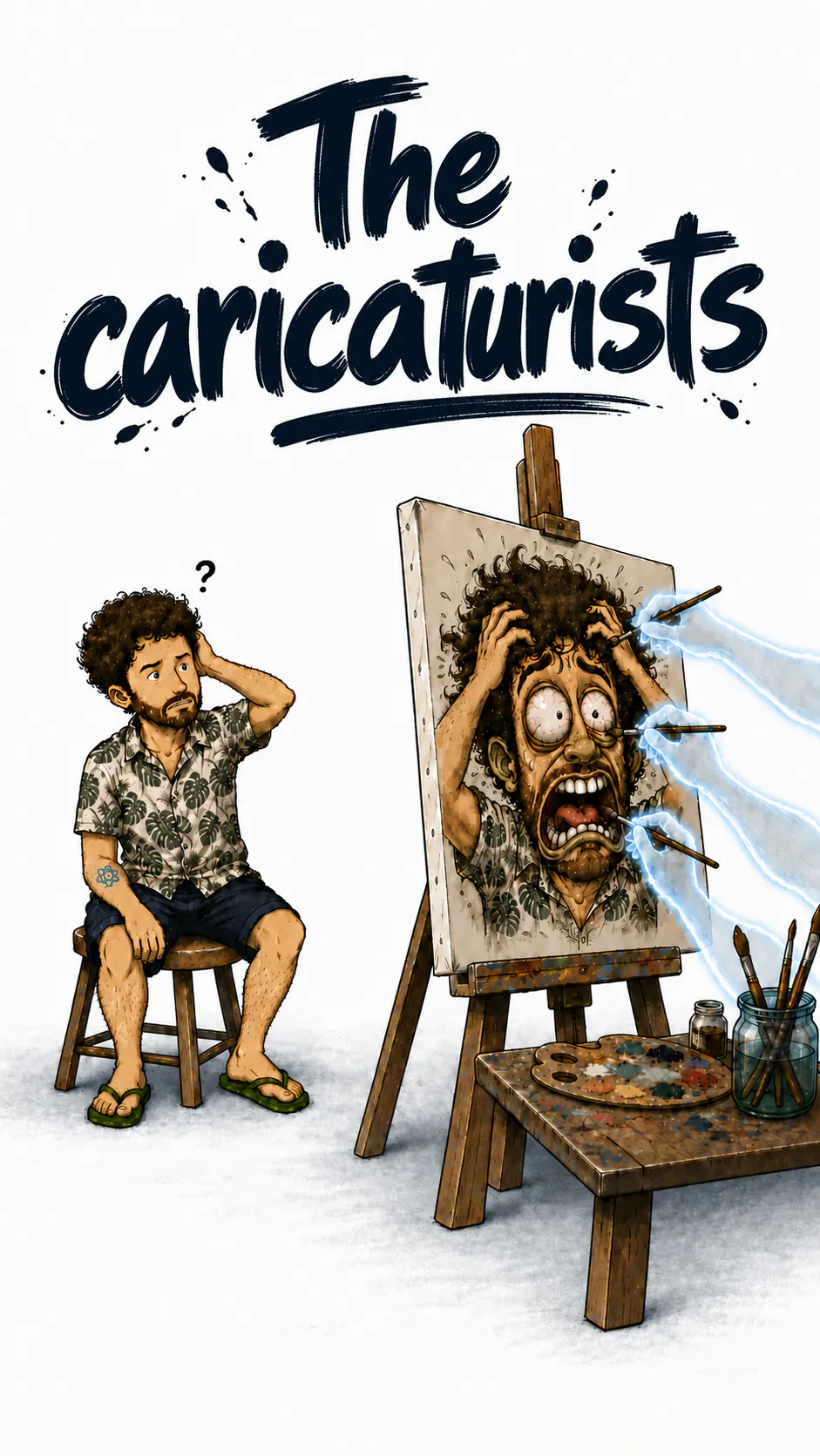 Sitting on a stool, a question mark above his head, the character looks at a canvas on an easel: a caricature of himself, screaming and wild-eyed, that translucent blue hands are still painting