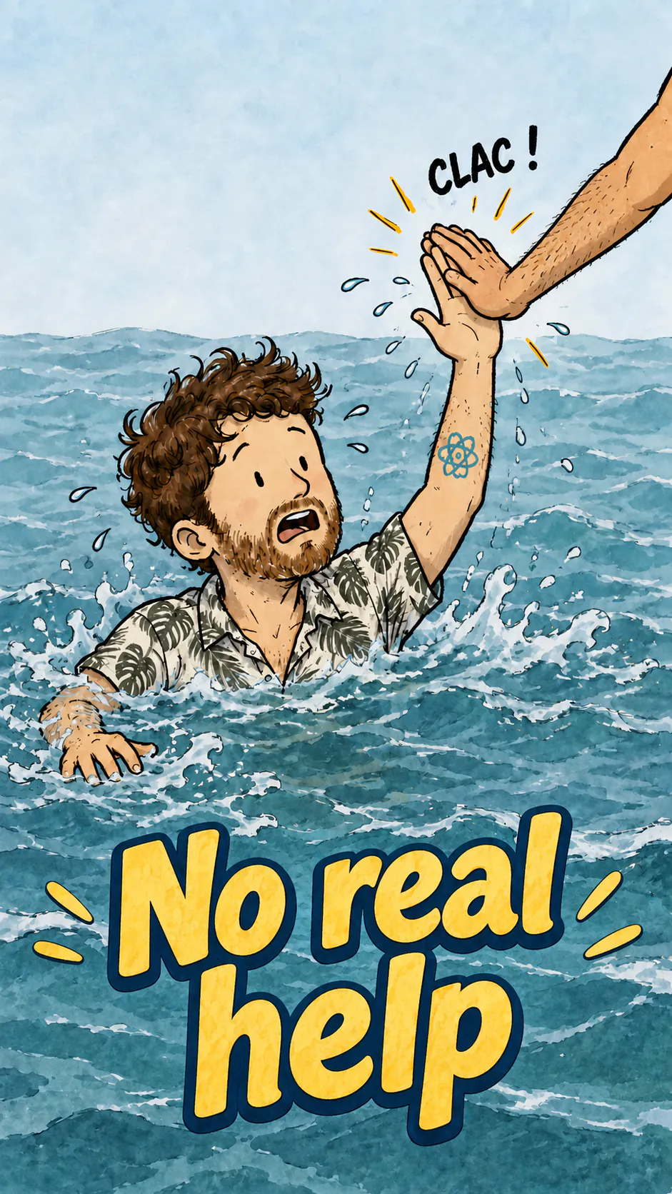 David is drowning and raises his hand for help, but an off-screen hand slaps his hand instead of rescuing him.