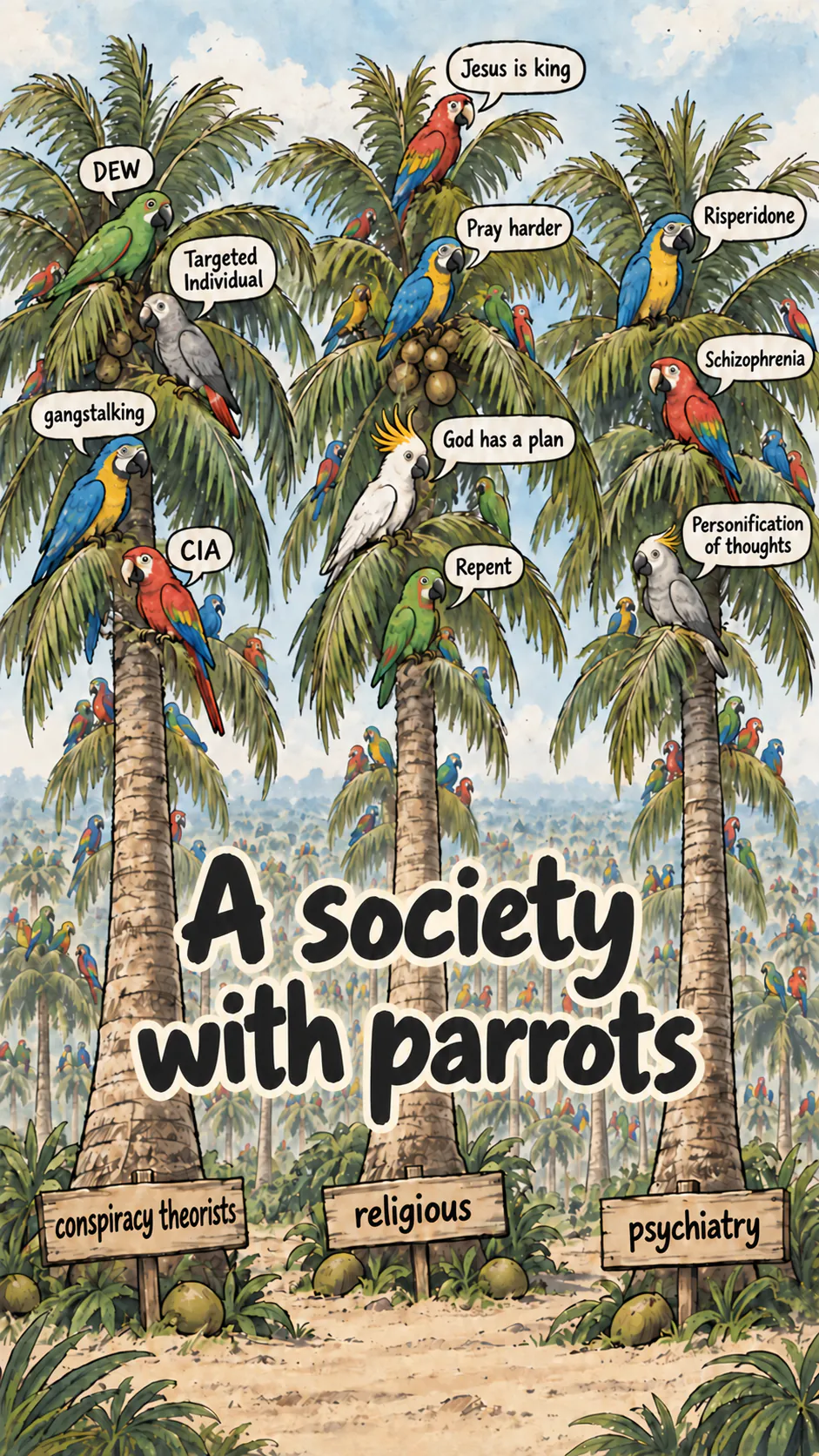 Three coconut palms carry parrots repeating conspiratorial, religious, and psychiatric phrases, while an endless forest of palms stretches behind them.
