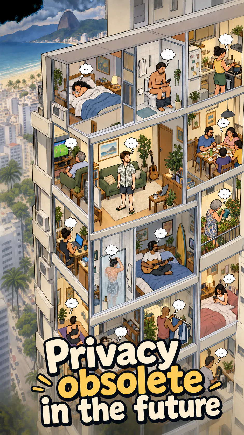 A cutaway apartment tower in Copacabana with transparent walls, David alone in the center and neighbors visible in their apartments
