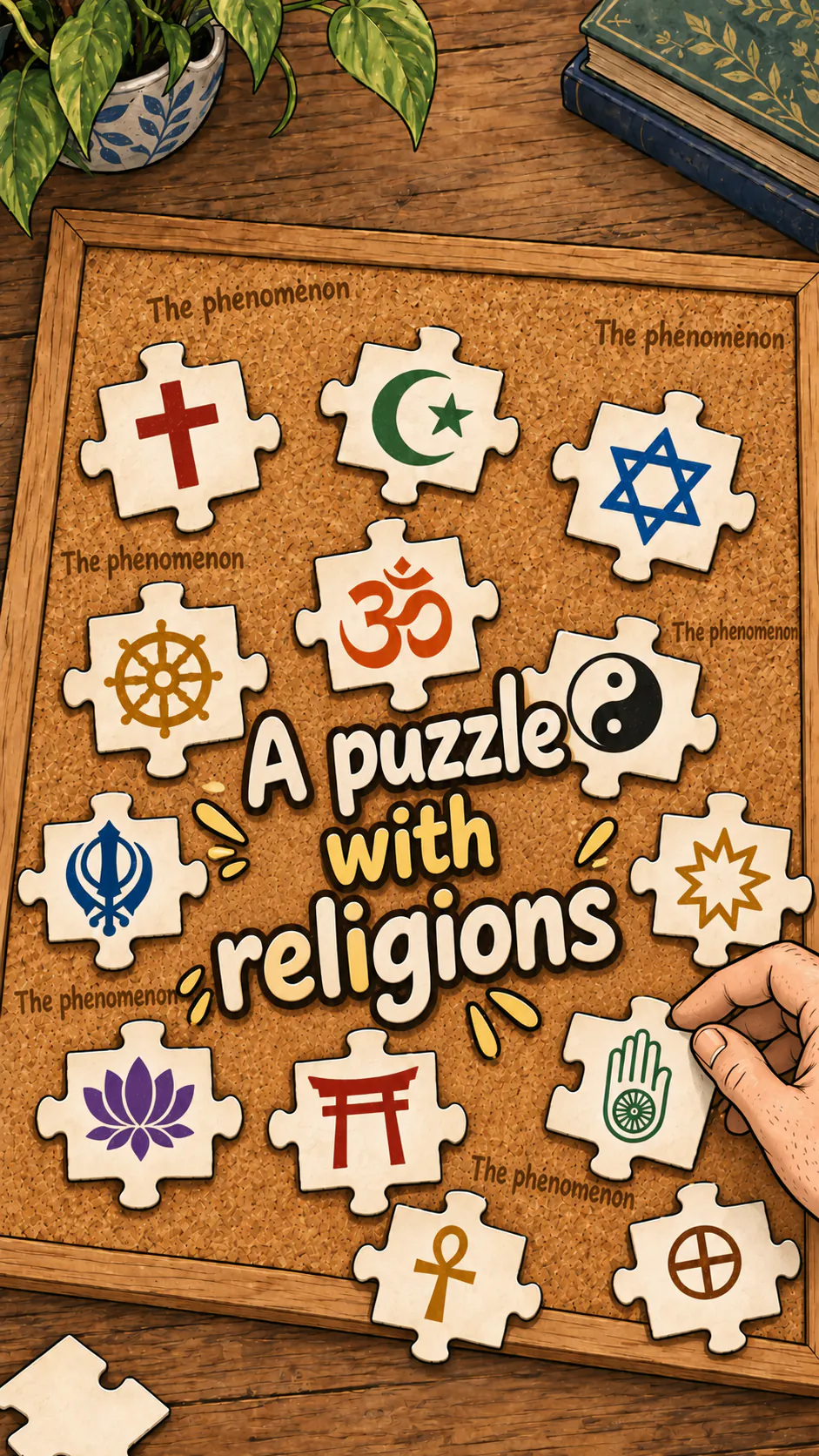 A puzzle laid out on a corkboard with religious symbols