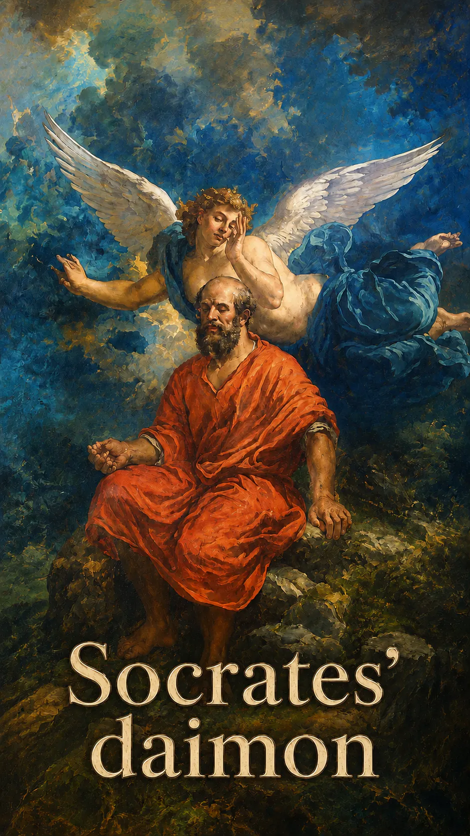 A vertical classical painting of a bearded man in a red robe seated in a landscape, with a winged figure behind him