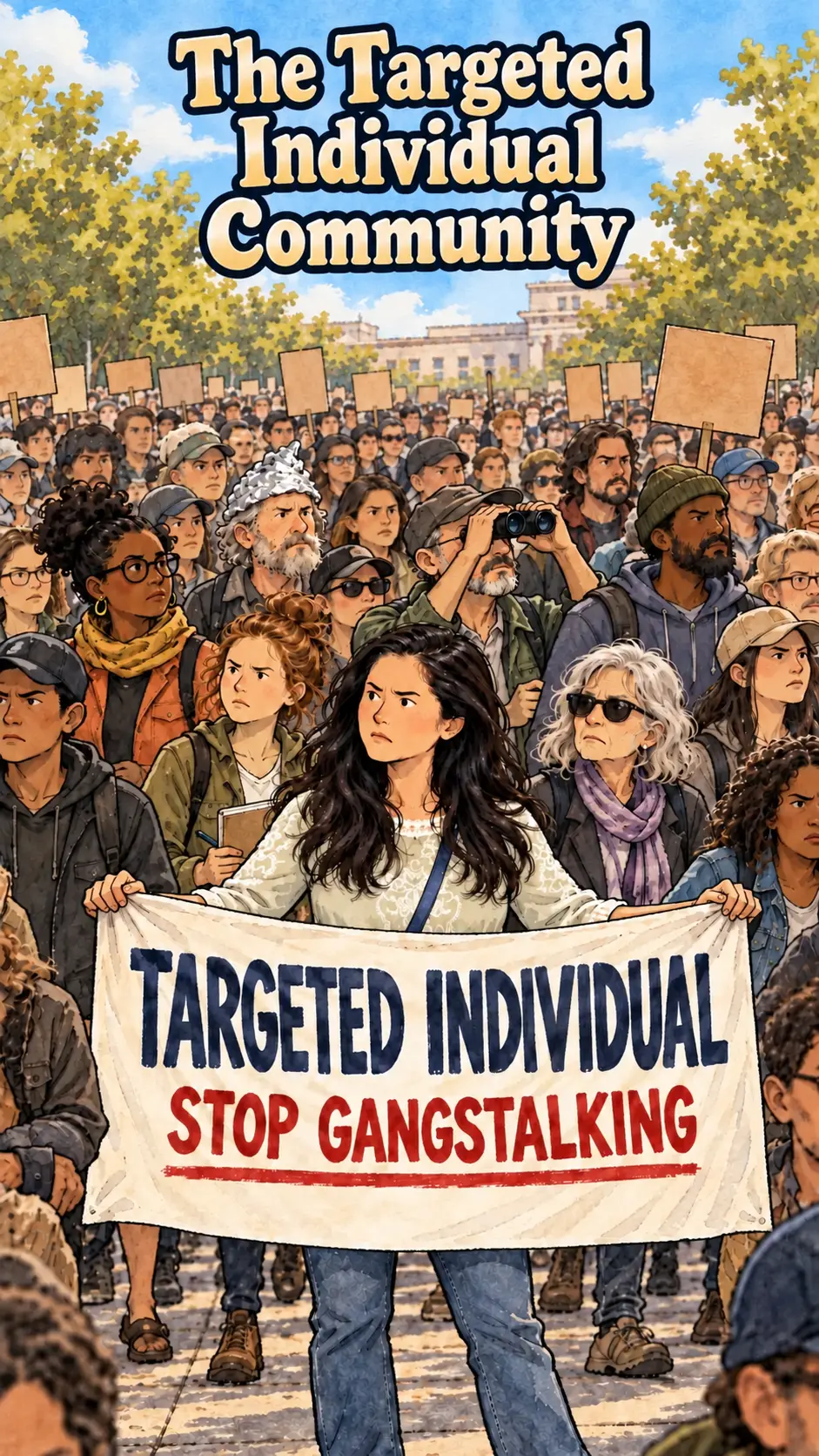 A stylized woman holds a banner at the center of a diverse, serious-looking crowd.