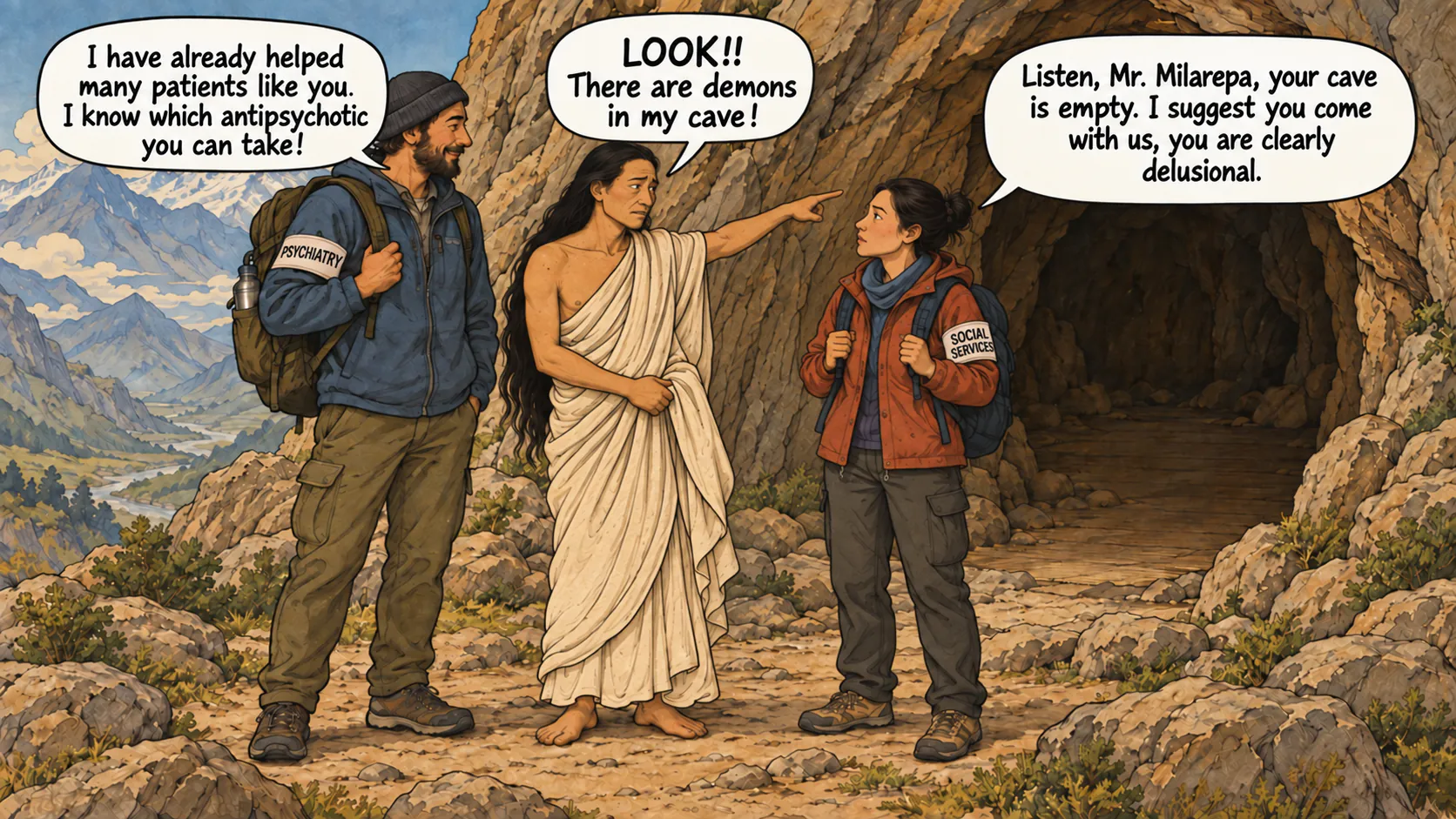 Worried Yogi Milarepa points into an empty cave while two modern volunteers wearing « PSYCHIATRY » and « SOCIAL SERVICES » armbands speak with him in a Tibetan mountain landscape