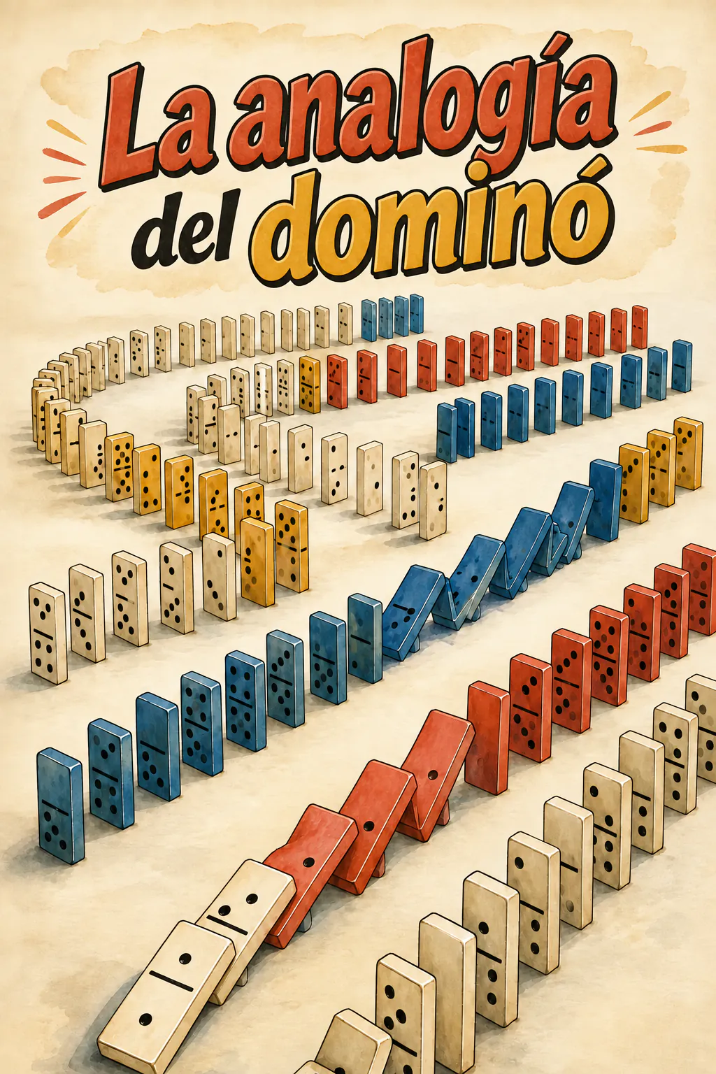 Varias filas de dominós parados sobre un fondo crema, con una reacción en cadena que cae en primer plano. Arriba, el título pintado «La analogía de los dominós»