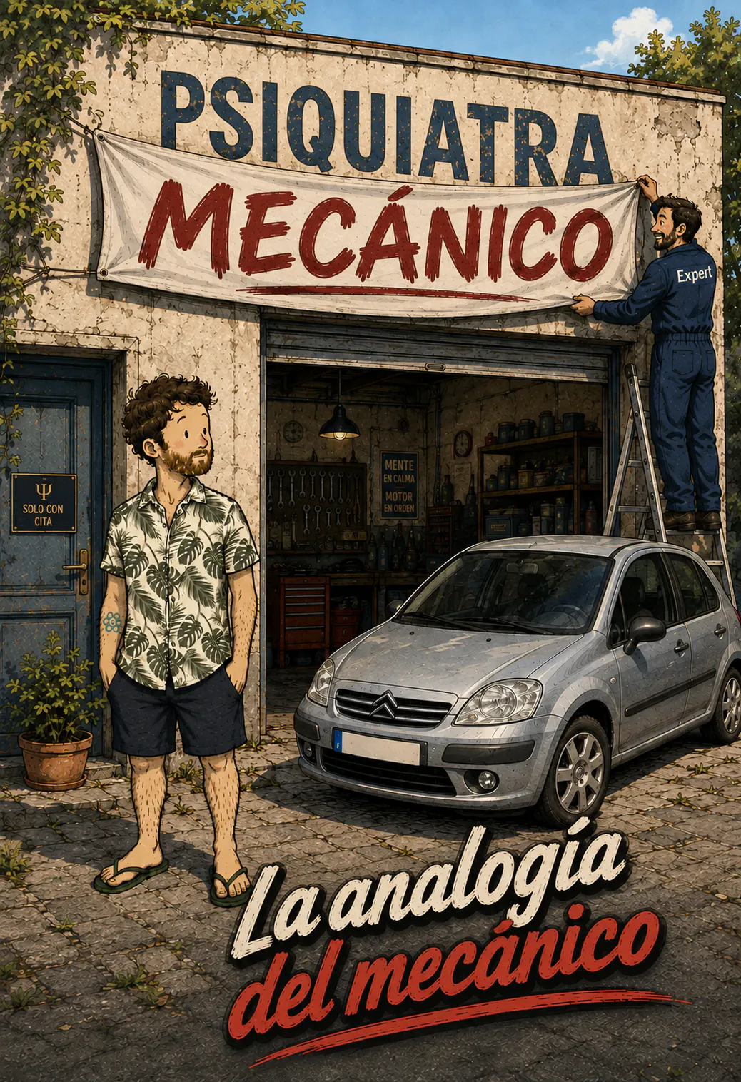 En la pared de un taller, el letrero pintado «PSIQUIATRA» está cubierto por una lona roja «GARAGISTA», que el mecánico con overol termina de tensar desde su escalerita; su cliente lo mira hacerlo, al lado de un coche. Abajo, el título pintado «La analogía del mecánico»