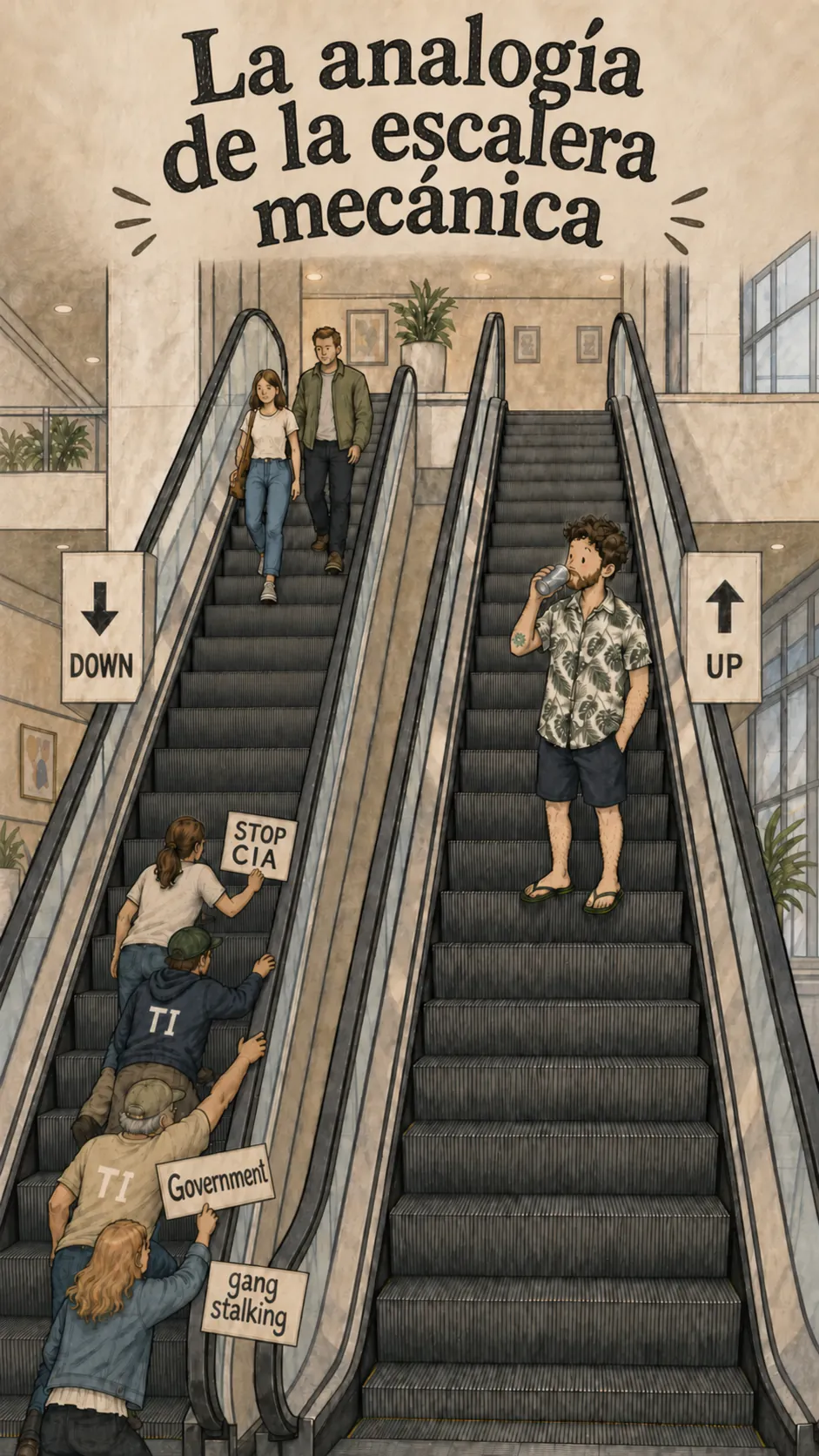 Dos escaleras mecánicas lado a lado: un grupo de manifestantes sube con dificultad en sentido contrario por la de la izquierda, mientras David se toma un vaso de agua a media altura de la de la derecha. Arriba, el título «La analogía de la escalera mecánica»