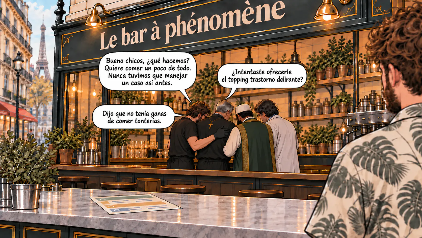 Los empleados del bar del fenómeno se ponen de acuerdo discretamente al fondo del local
