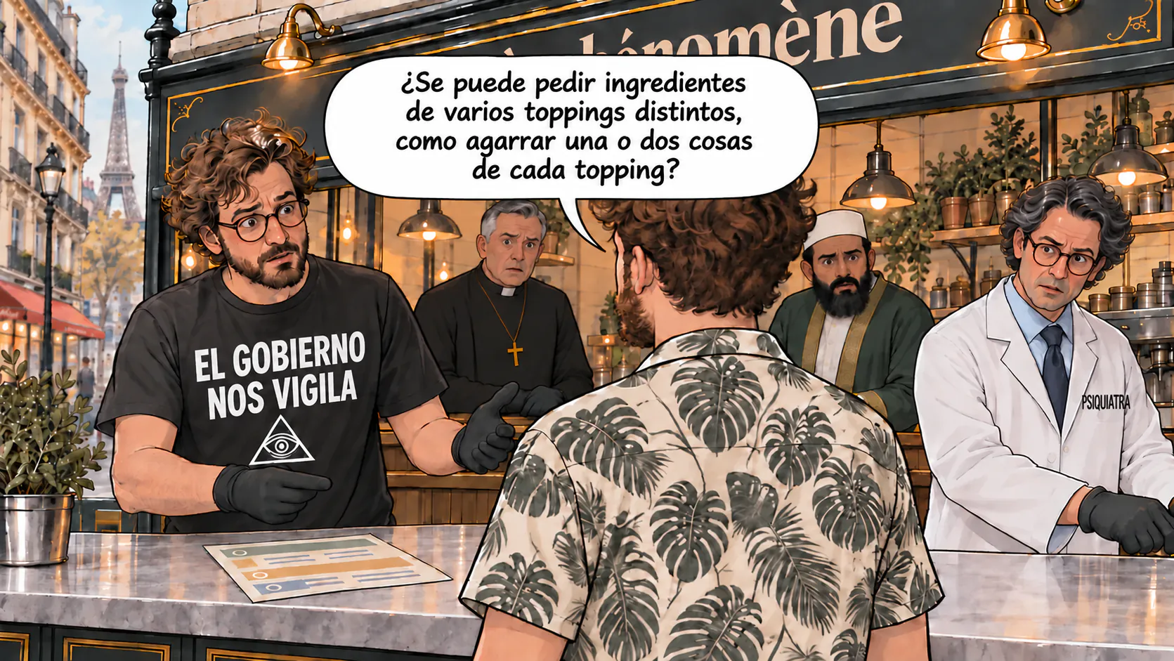 Los empleados del bar del fenómeno reaccionan a la pregunta del personaje principal