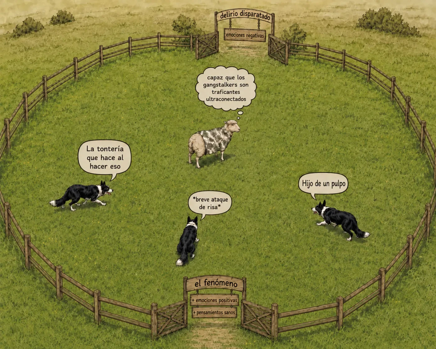 Border collies reuniendo un rebaño, como un flujo de pensamientos guiado