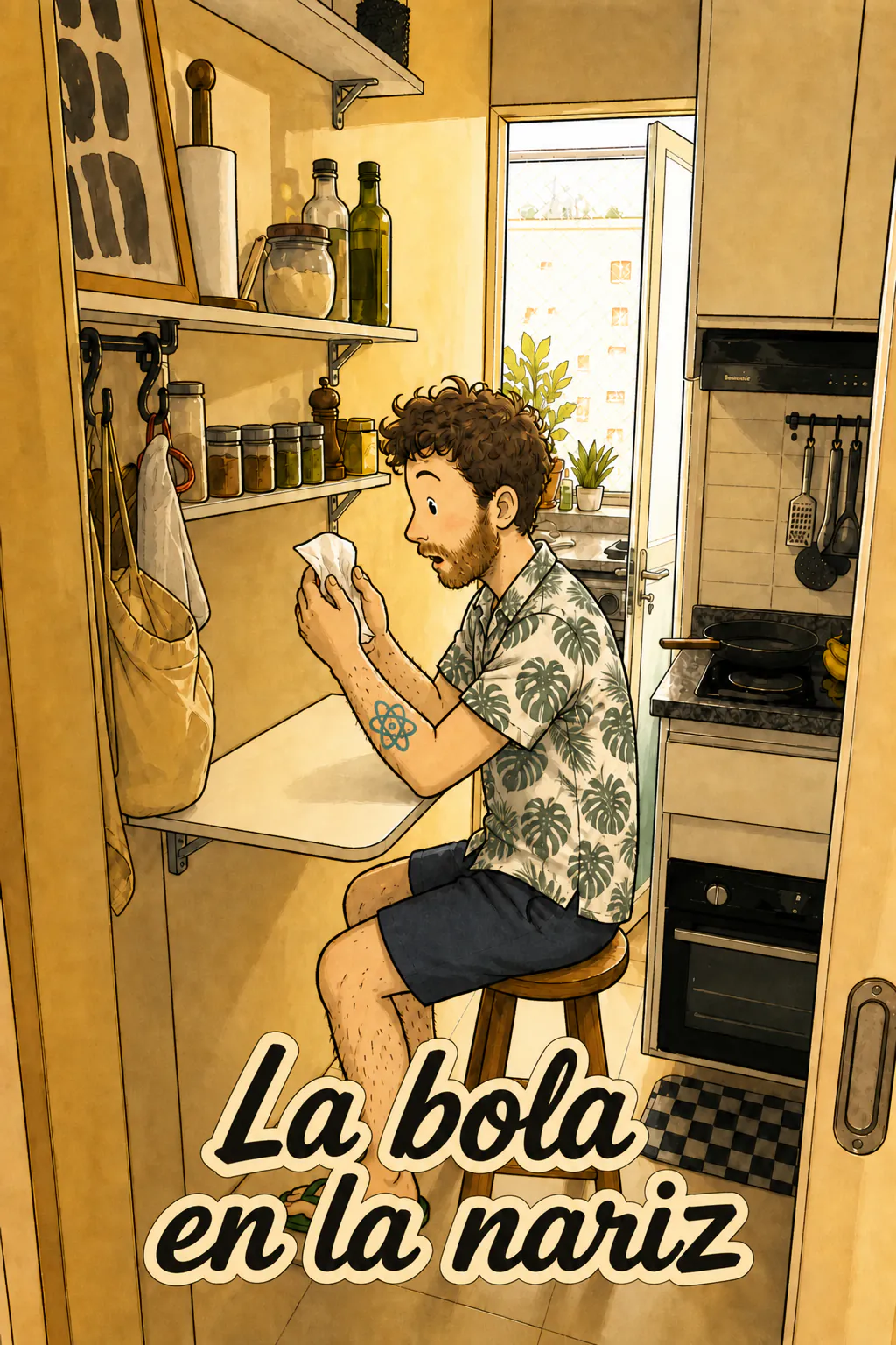 David está sentado de perfil en un taburete frente a una pequeña mesa pegada a la pared, sosteniendo un pañuelo blanco con las dos manos y mirando su contenido con sorpresa. El título «La bolita en la nariz» aparece abajo.