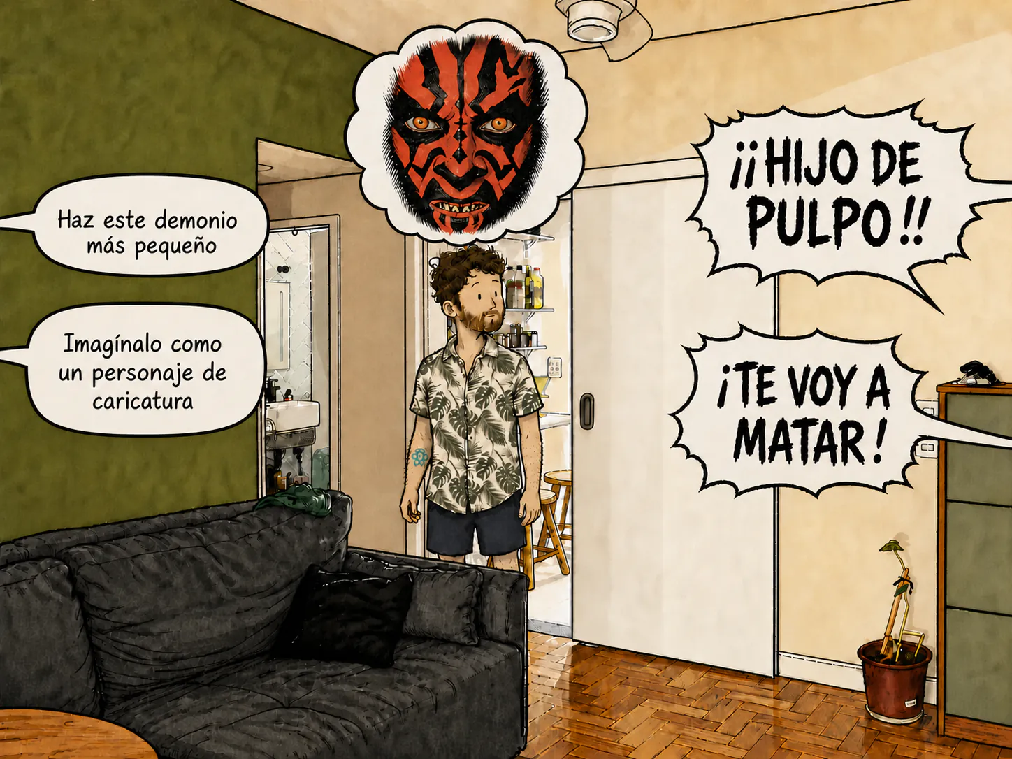 En la cocina, unos globos de diálogo se responden por encima del personaje.
