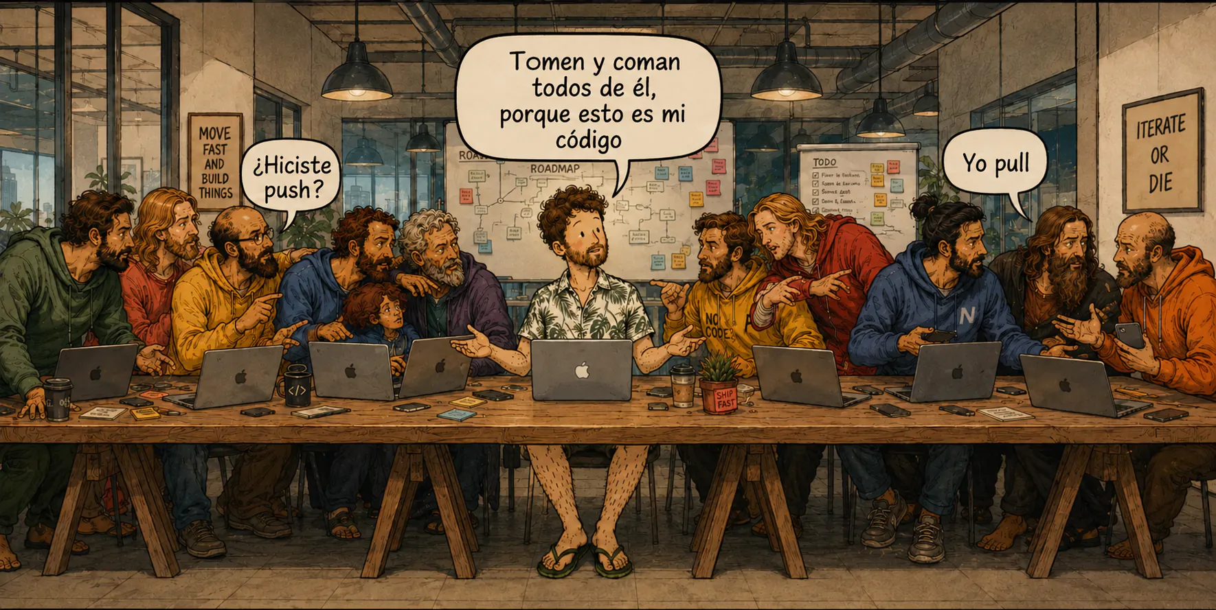 Escena de startup ilustrada en el mismo universo que la historia