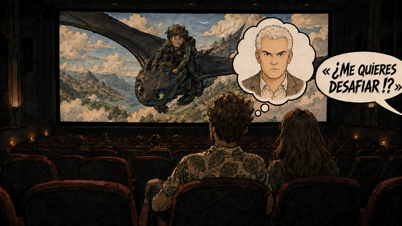 Sala de cine oscura vista desde el fondo, con David y su esposa sentados frente a una película de dragón fantástico