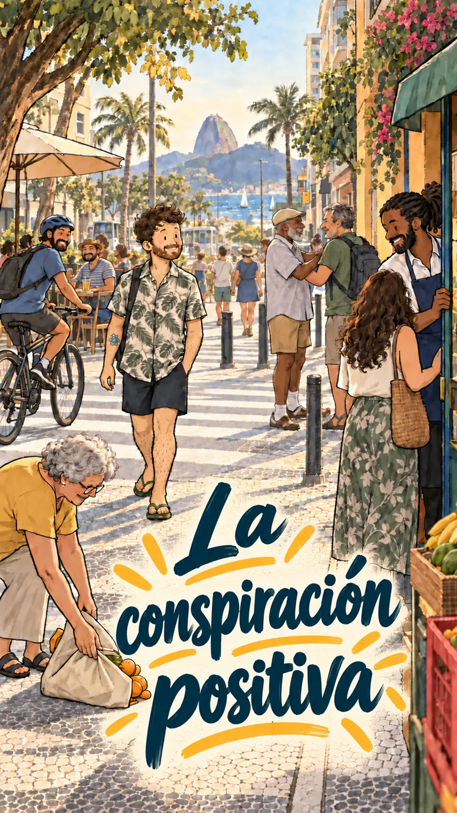 David camina solo por una calle soleada donde los transeúntes sonríen y se ayudan entre sí, bajo el título «La conspiración positiva»