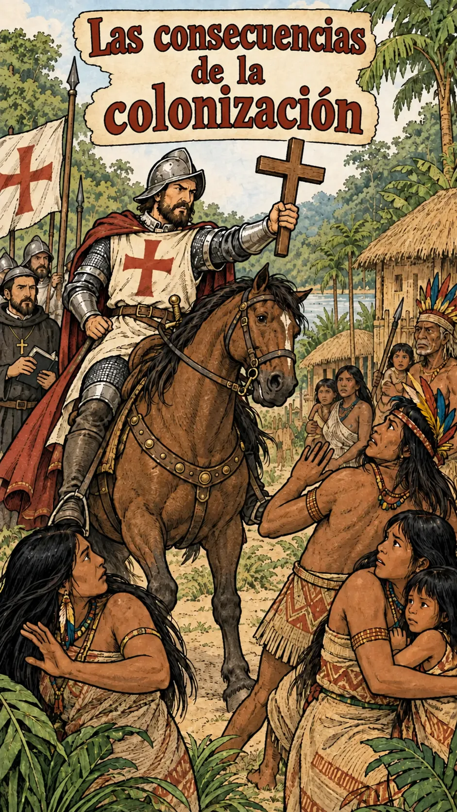 Una escena histórica ilustrada muestra las consecuencias de la colonización, bajo el título «Las consecuencias de la colonización»