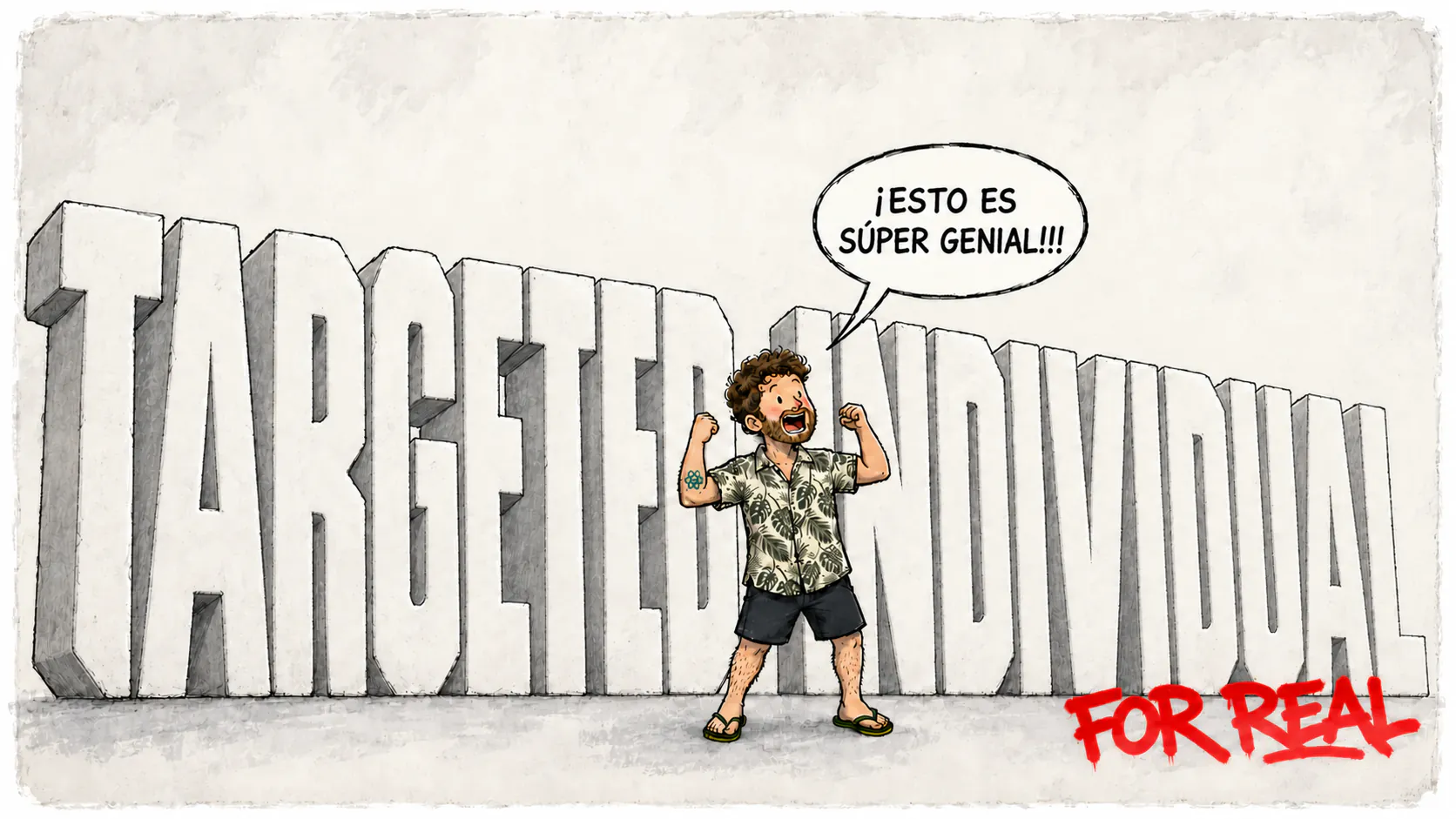 David levanta los puños frente a las grandes letras « TARGETED INDIVIDUAL », con un globo entusiasta y el eslogan rojo « FOR REAL ».