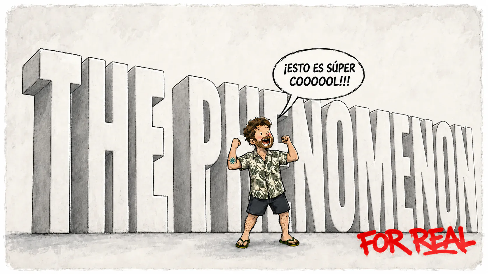 David, con camisa de flores, levanta los puños frente a las letras gigantes «GANGSTALKING», con la mención «FOR REAL» y un globo que dice «¡¡¡Está demasiado cool!!!»