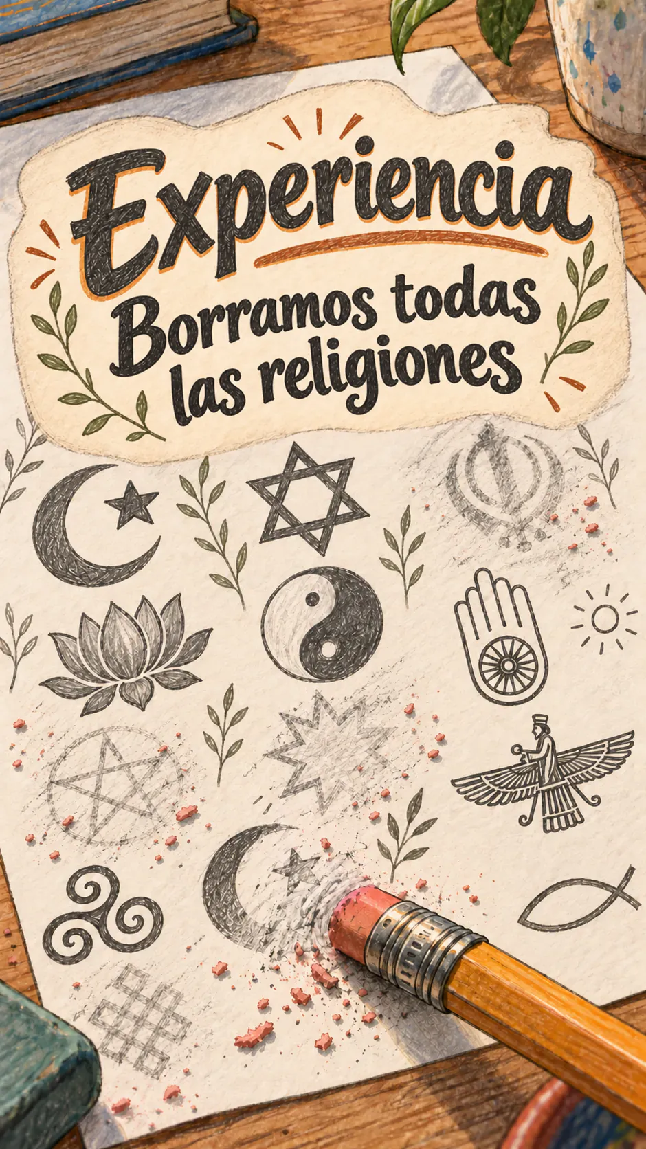 Una hoja cubierta de símbolos religiosos dibujados en grafito, varios de ellos borrados con la goma de un lápiz, bajo el título « Experimento, borramos todas las religiones »
