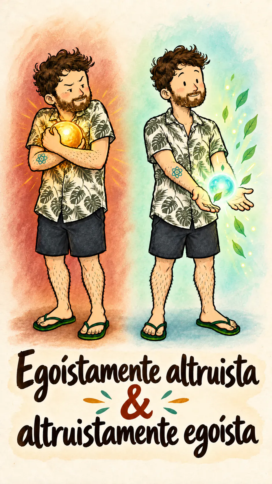 Dos versiones del mismo personaje ilustran el egoísmo y el altruismo, con un título de tres líneas en la parte de abajo.