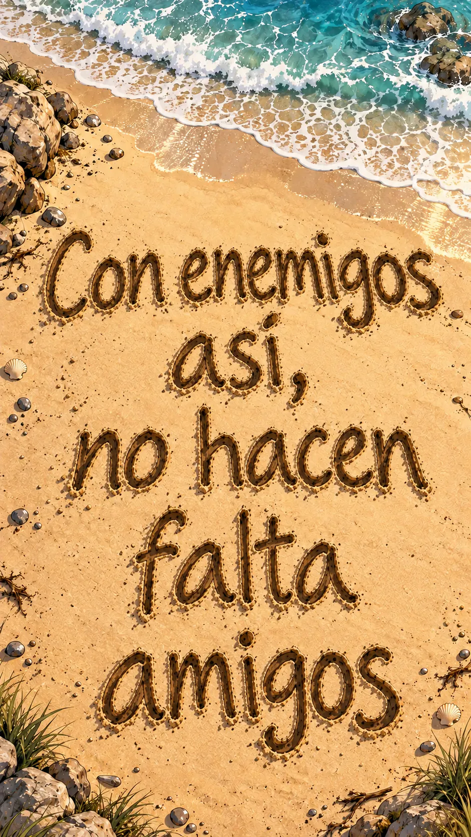 Una vista desde arriba de una playa donde el mensaje «Con enemigos así, no hacen falta amigos» está escrito en la arena