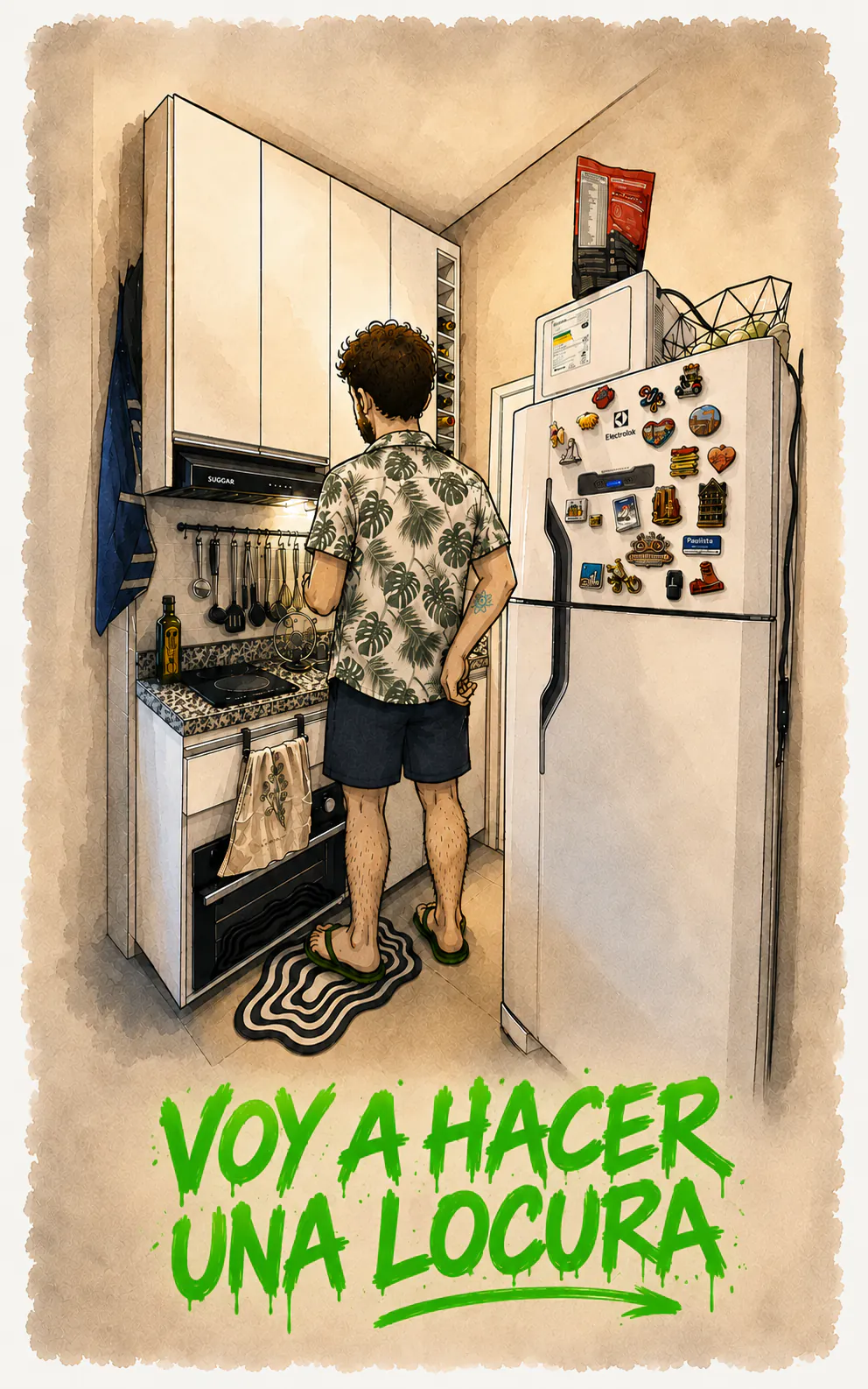 De espaldas en su cocinita, frente a la estufa, el personaje anuncia con aerosol verde «VOY A HACER UNA LOCURA»