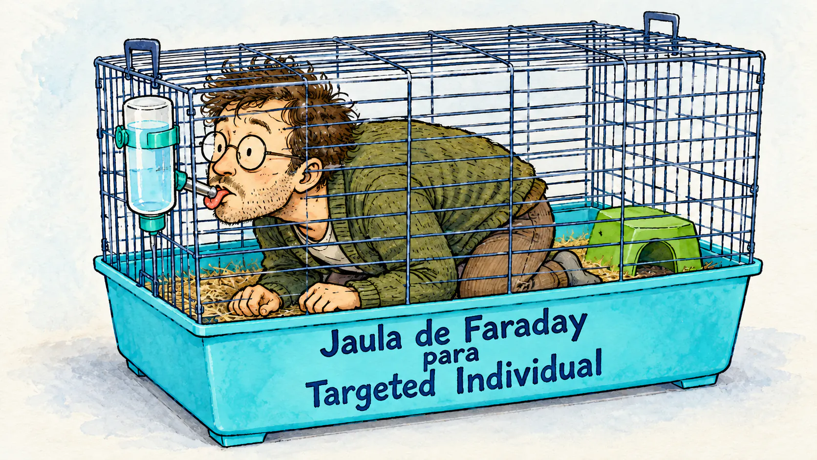 Un hombre con look nerd y conspiranoico está encerrado en una jaula con un biberón y lame la bolita metálica para beber. La base lleva el texto «Jaula de Faraday para Targeted Individual».