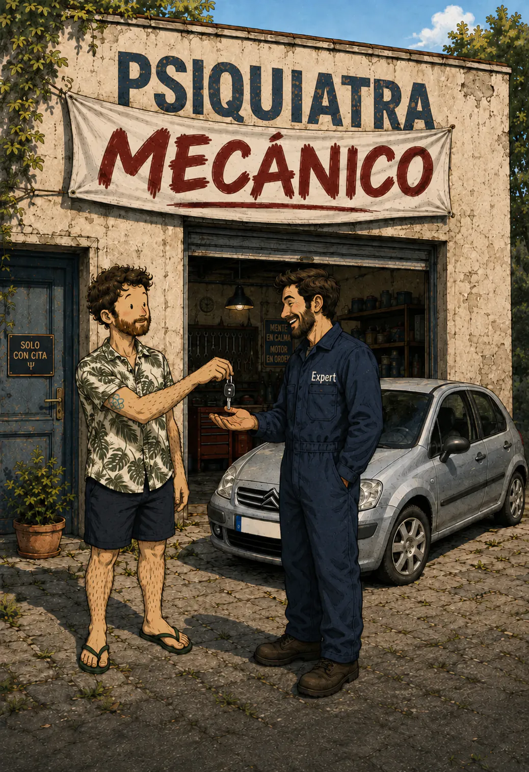 En la pared de un taller, el letrero pintado «PSIQUIATRA» está cubierto por una lona roja «GARAGISTA», que el mecánico con overol termina de tensar desde su escalerita; su cliente lo mira hacerlo, al lado de un coche. Abajo, el título pintado «La analogía del mecánico»
