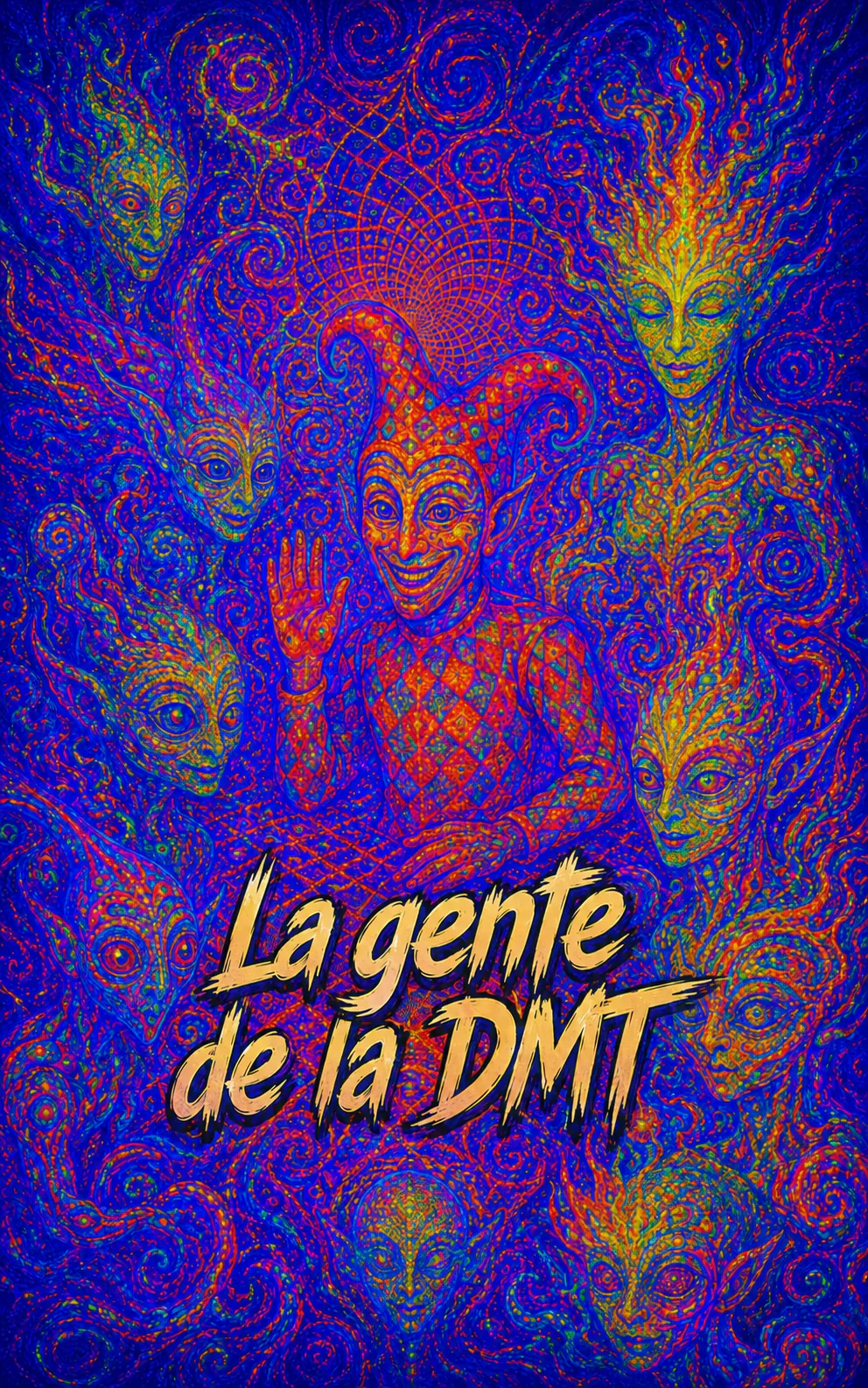Un mural psicodélico azul y naranja: en el centro, una entidad con sonrisa de bufón, con un gorro de tres puntas, la mano levantada en saludo; alrededor, rostros de ojos grandes emergen de las volutas. Abajo, el título «La gente de la DMT»