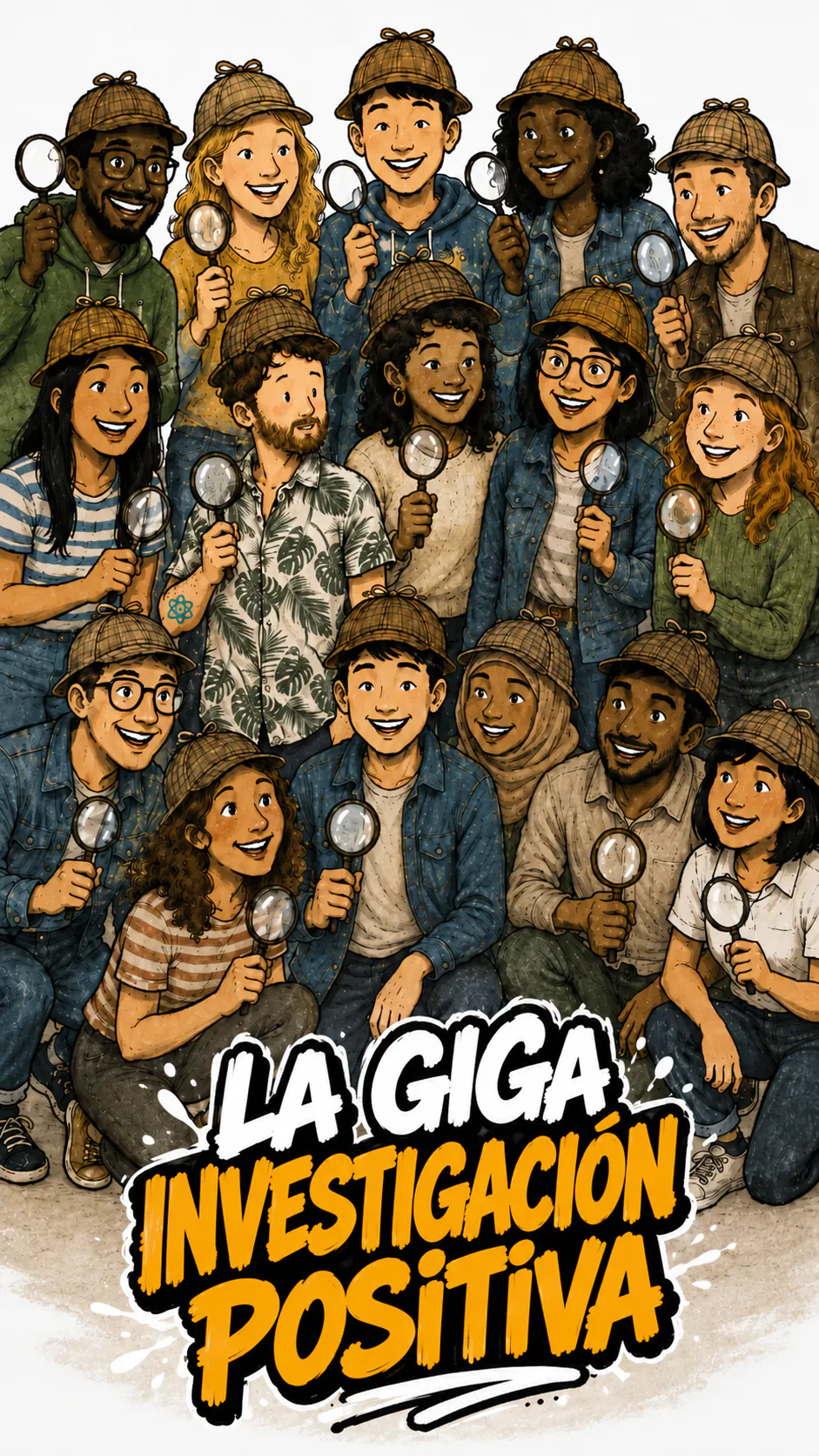Una foto de grupo dibujada: una veintena de personas sonrientes, de todas las edades y todos los orígenes, apretadas en tres filas, cada una con una gorra de detective a cuadros y una lupa en la mano. Abajo, el título pintado « La giga investigación positiva »