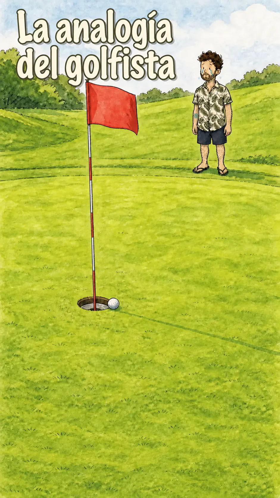 En un green, una bandera roja clavada en el hoyo y una pelota blanca detenida en el borde. El personaje está de pie a la derecha, con una lágrima en la mejilla. Arriba a la izquierda, el título «La analogía del golfista»